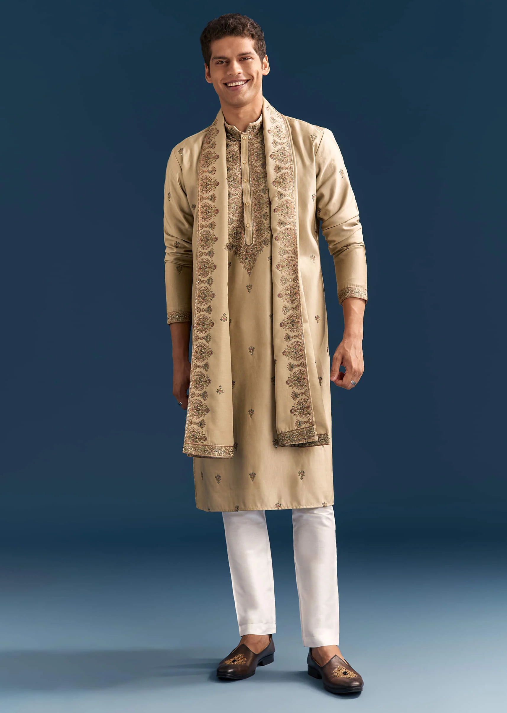 Beige Silk Kurta Set For Men With Thread Embroidery - Image 2
