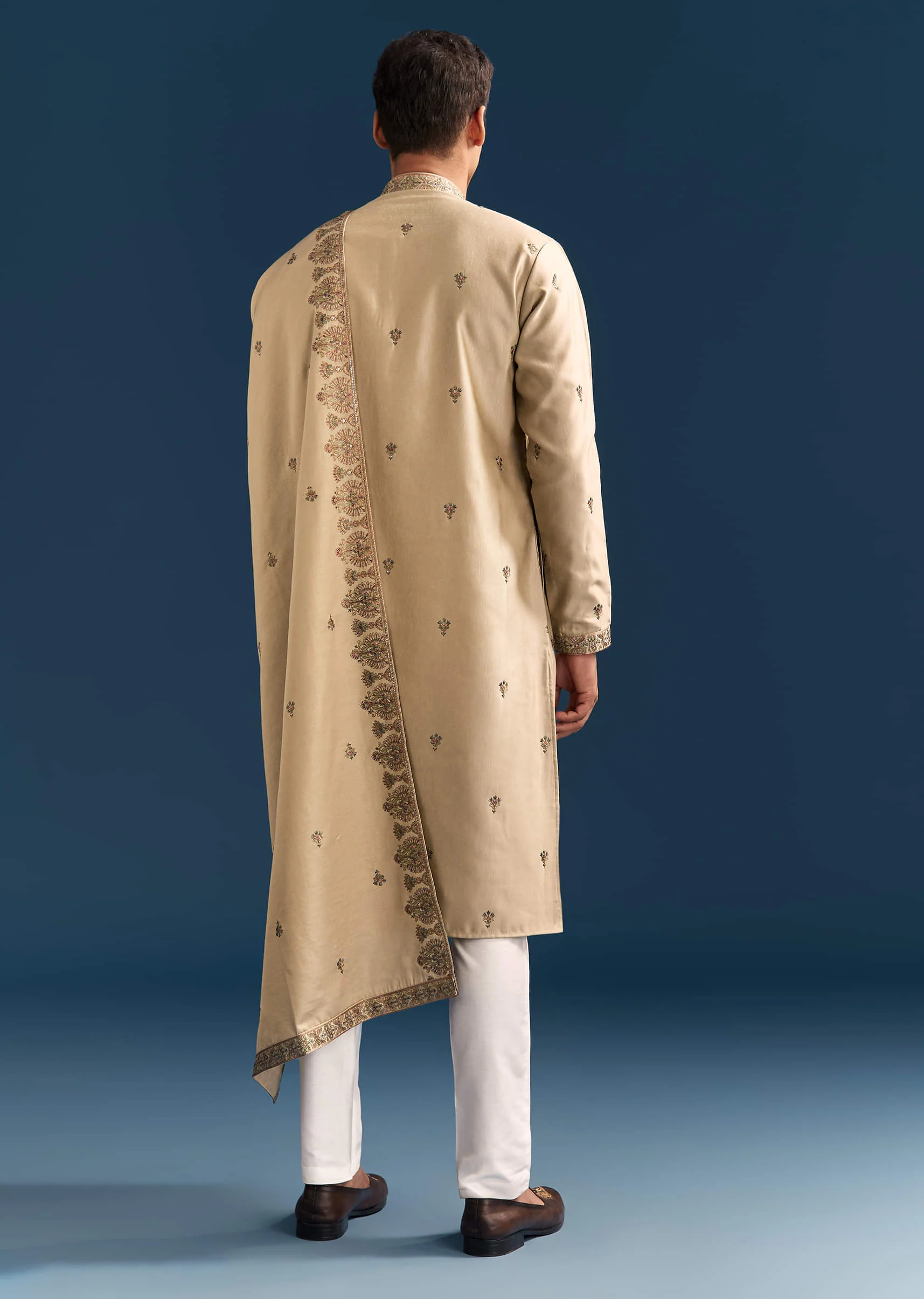 Beige Silk Kurta Set For Men With Thread Embroidery - Image 5