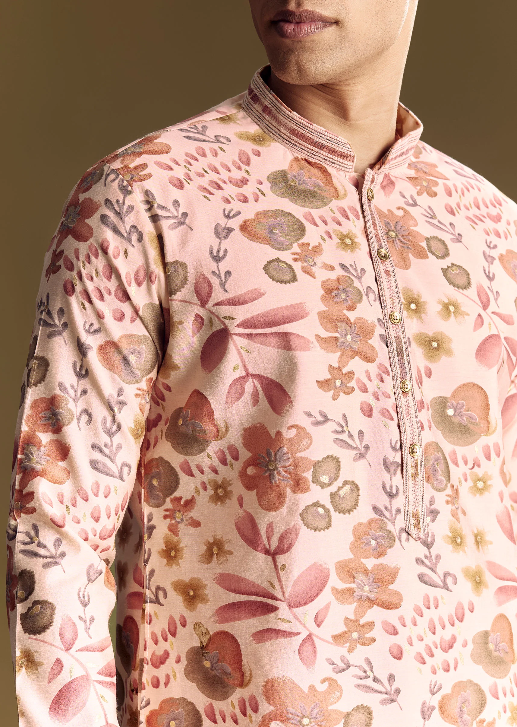 Beige Silk Kurta Set With Floral Foil Accents And Stone Detailing - Image 2