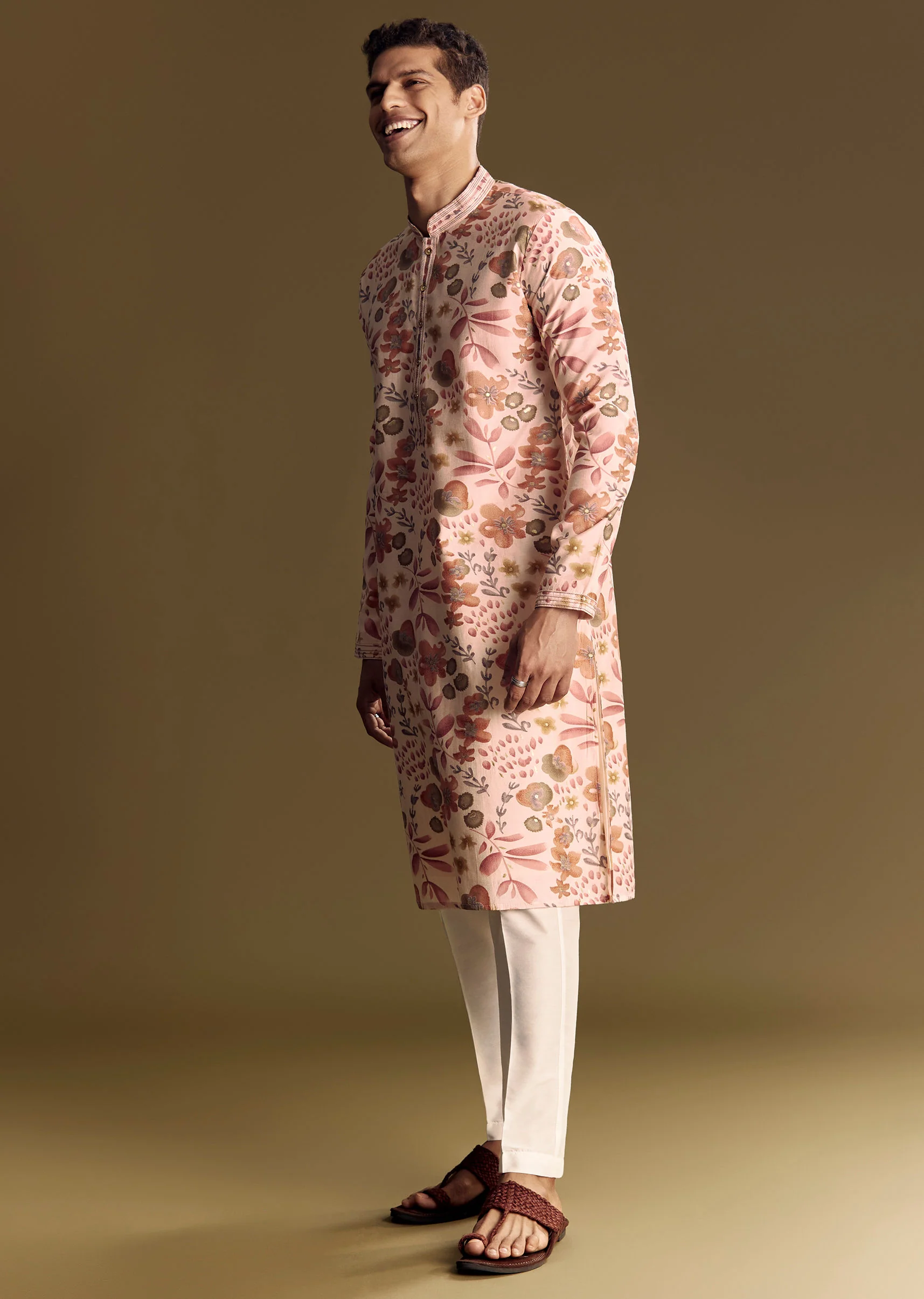 Beige Silk Kurta Set With Floral Foil Accents And Stone Detailing - Image 4
