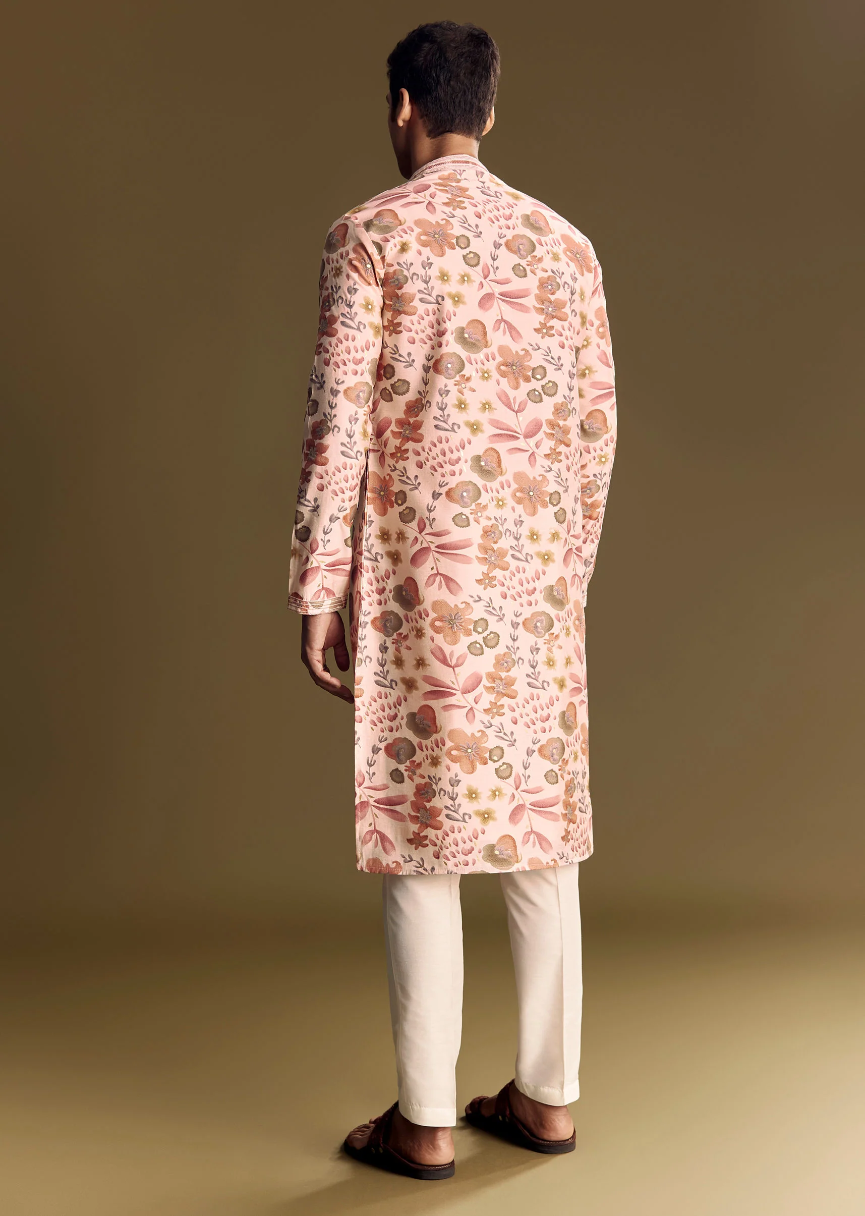Beige Silk Kurta Set With Floral Foil Accents And Stone Detailing - Image 5