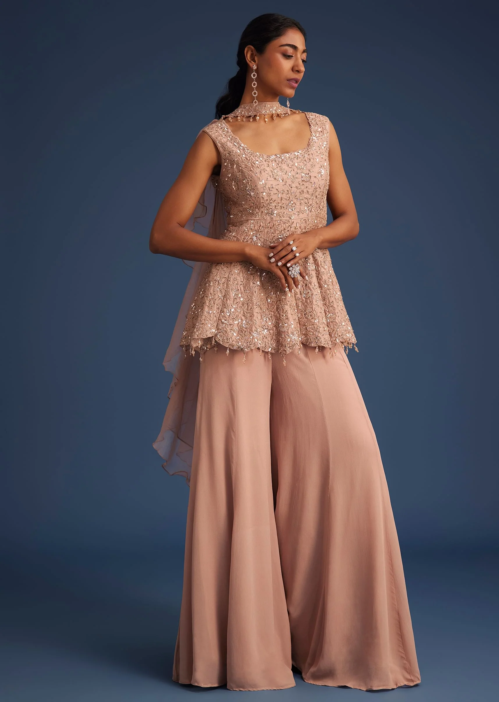 Beige Silk Kurta Set With Georgette Palazzo - Image 2