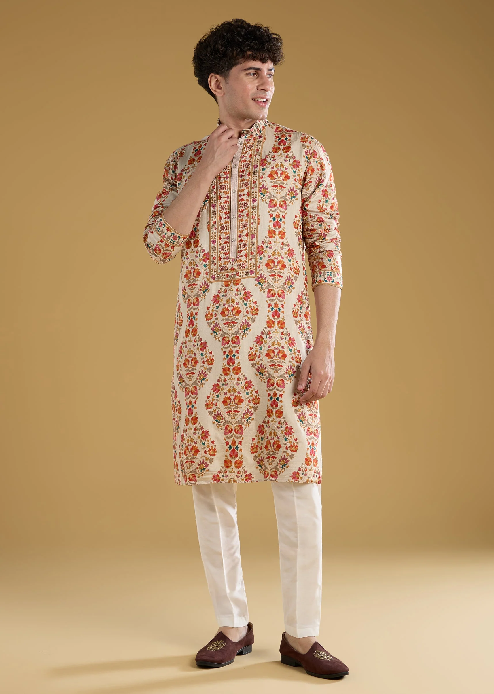 Beige Silk Kurta Set With Thread Motif Detail Work - Image 4