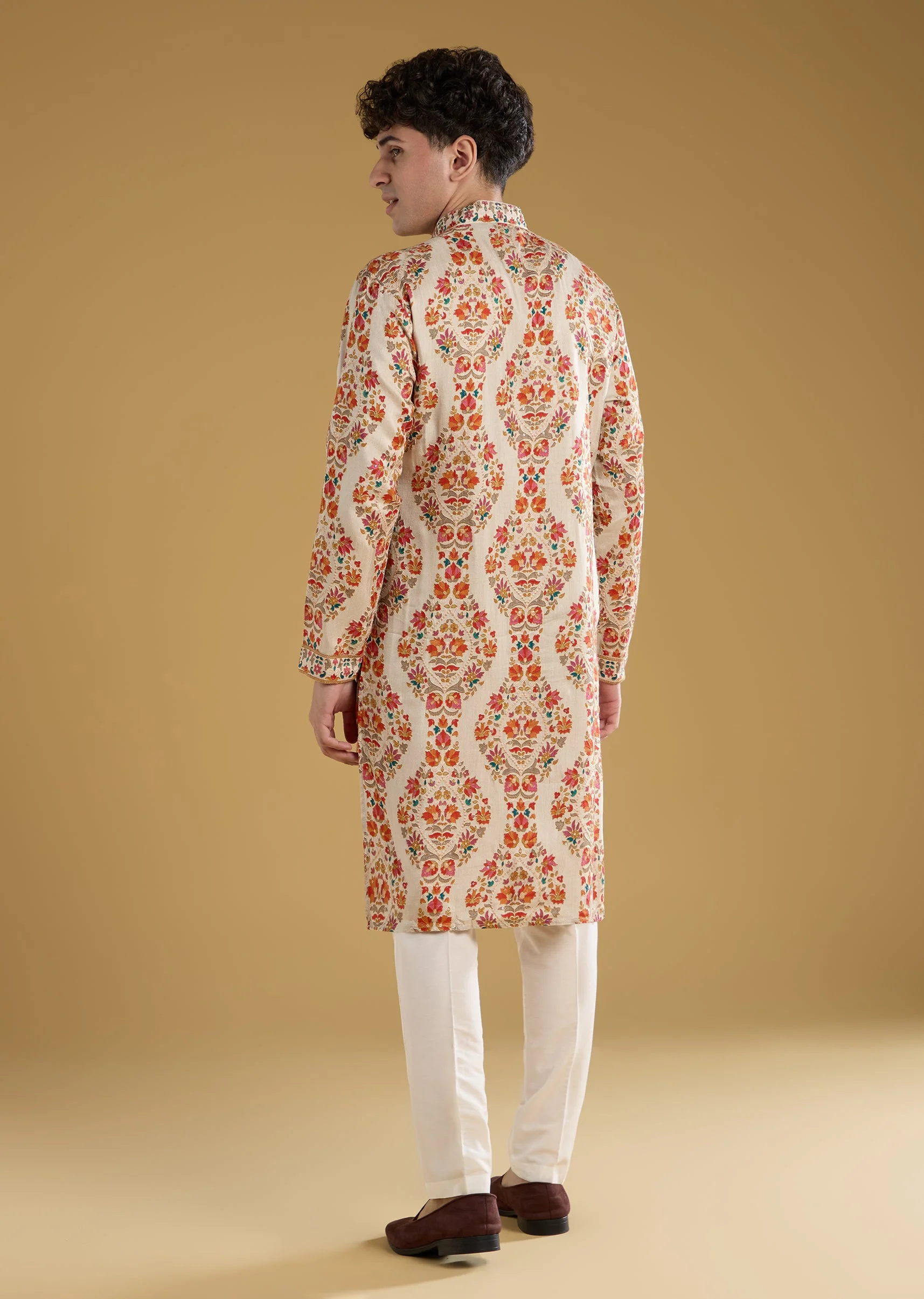 Beige Silk Kurta Set With Thread Motif Detail Work - Image 5