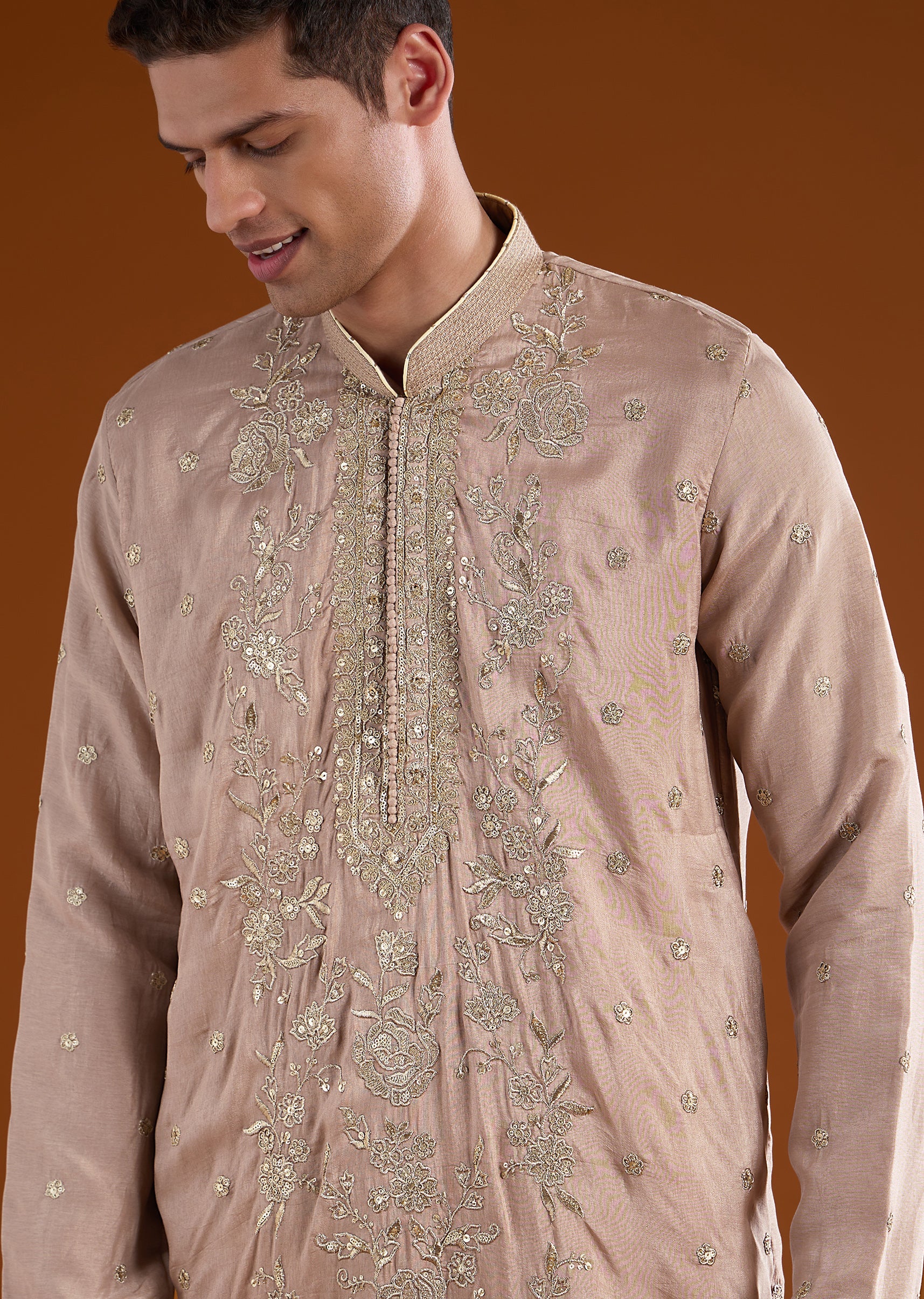 Beige Silk Mens Kurta Set With Thread Sequins And Zardosi Work - Image 2