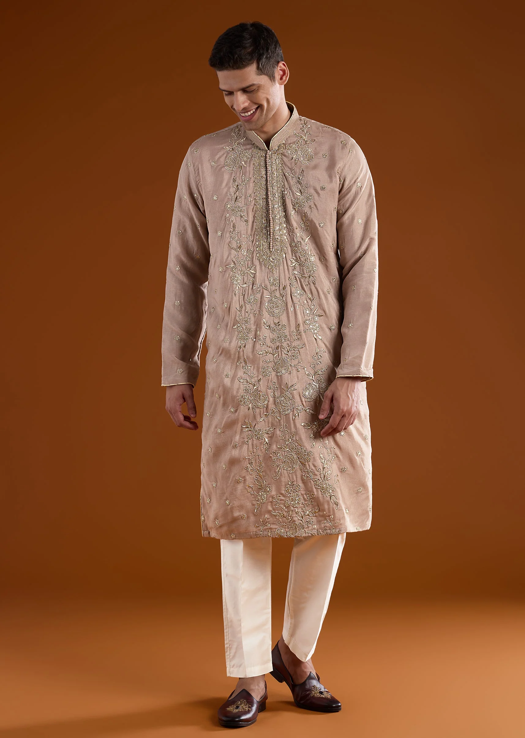 Beige Silk Mens Kurta Set With Thread Sequins And Zardosi Work - Image 3