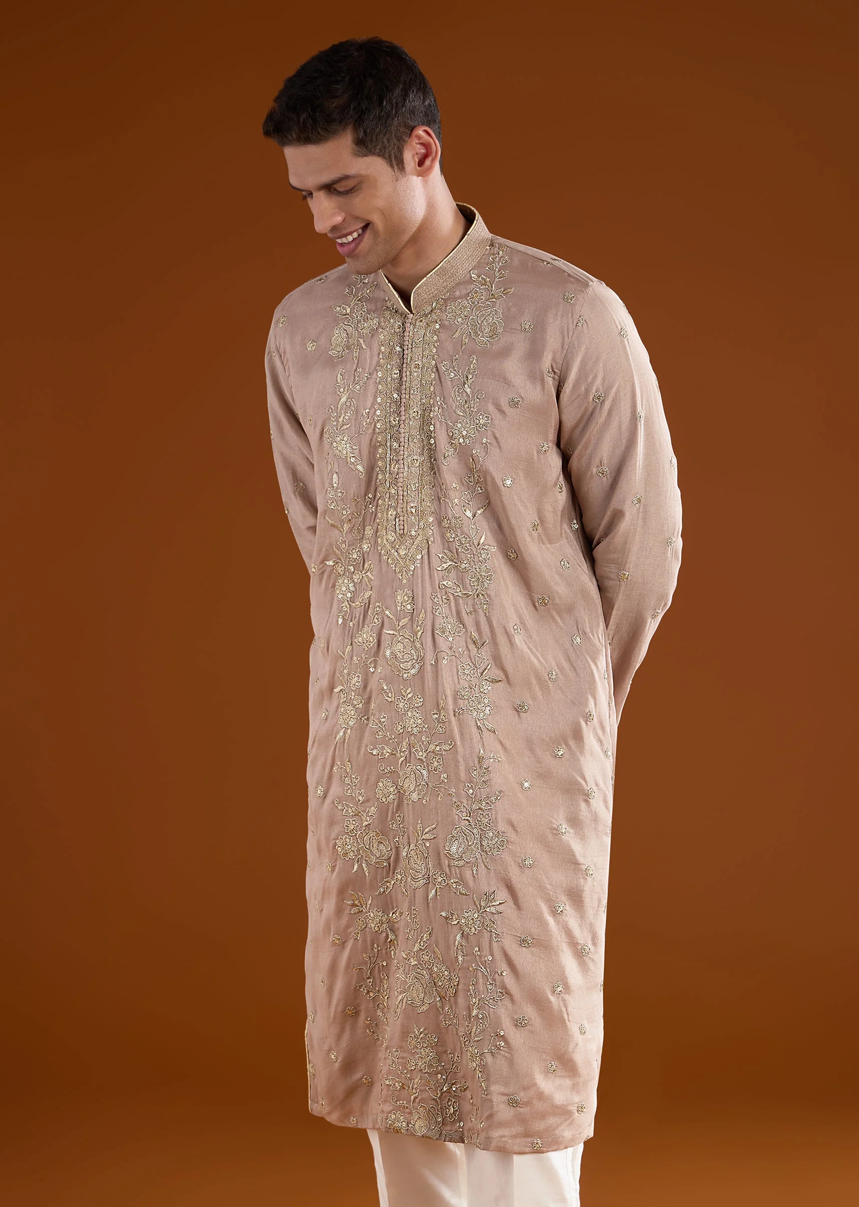 Beige Silk Mens Kurta Set With Thread Sequins And Zardosi Work - Image 4