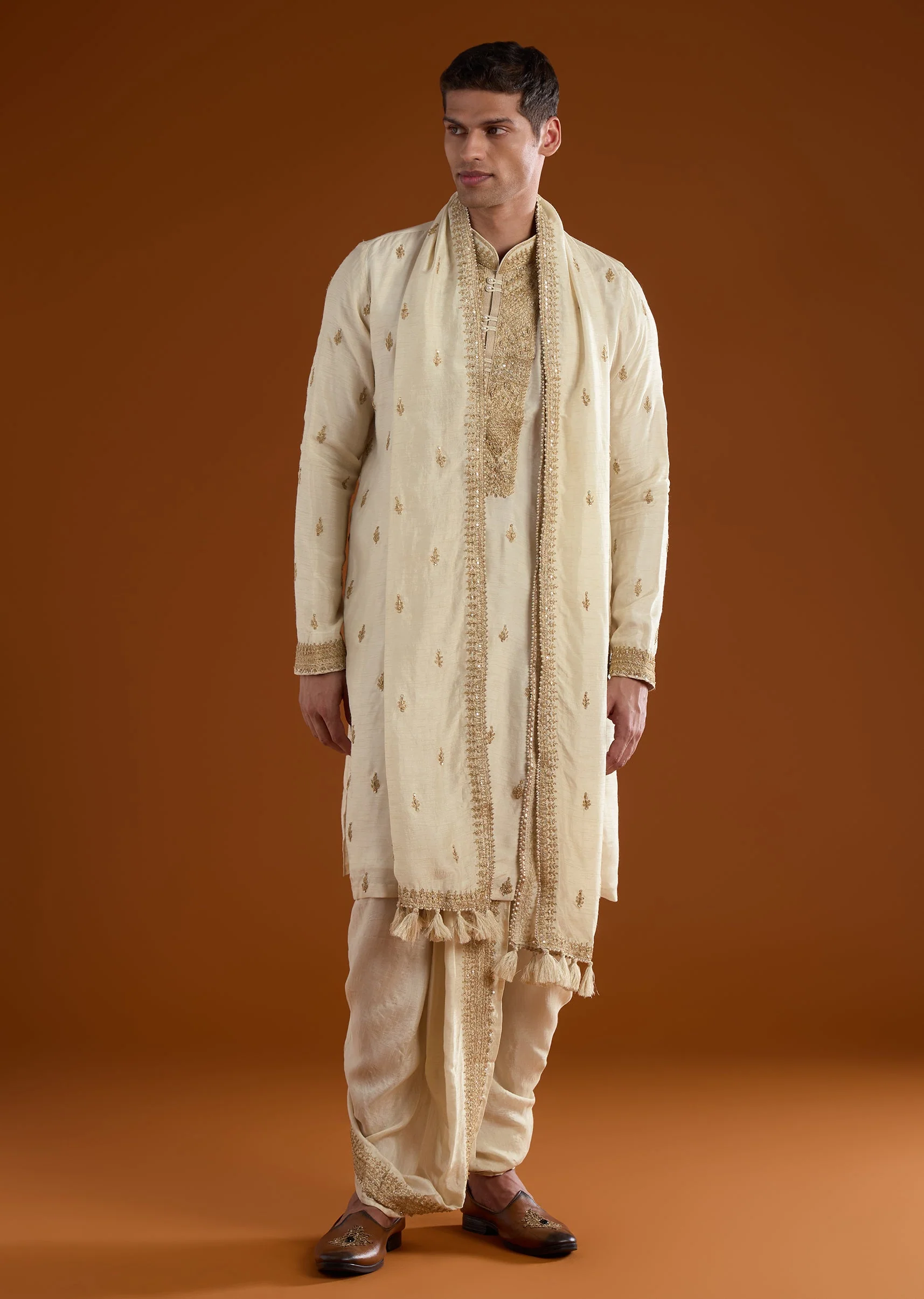 Beige Silk Mens Kurta Set With Thread Zari And Dori Work