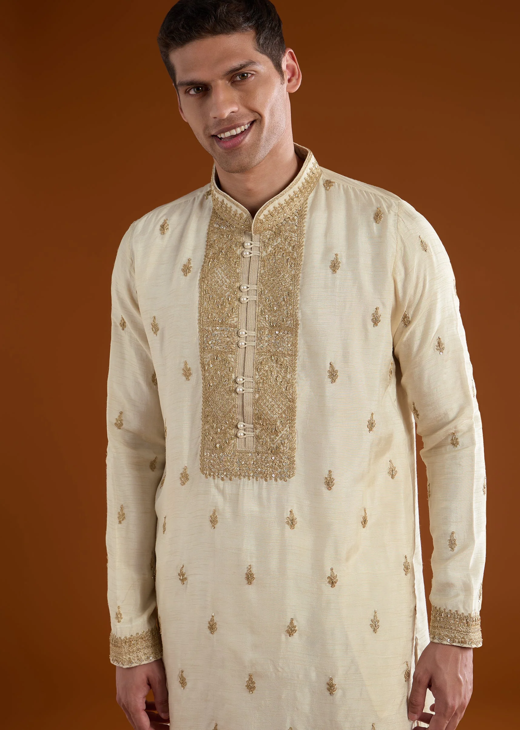Beige Silk Mens Kurta Set With Thread Zari And Dori Work - Image 4