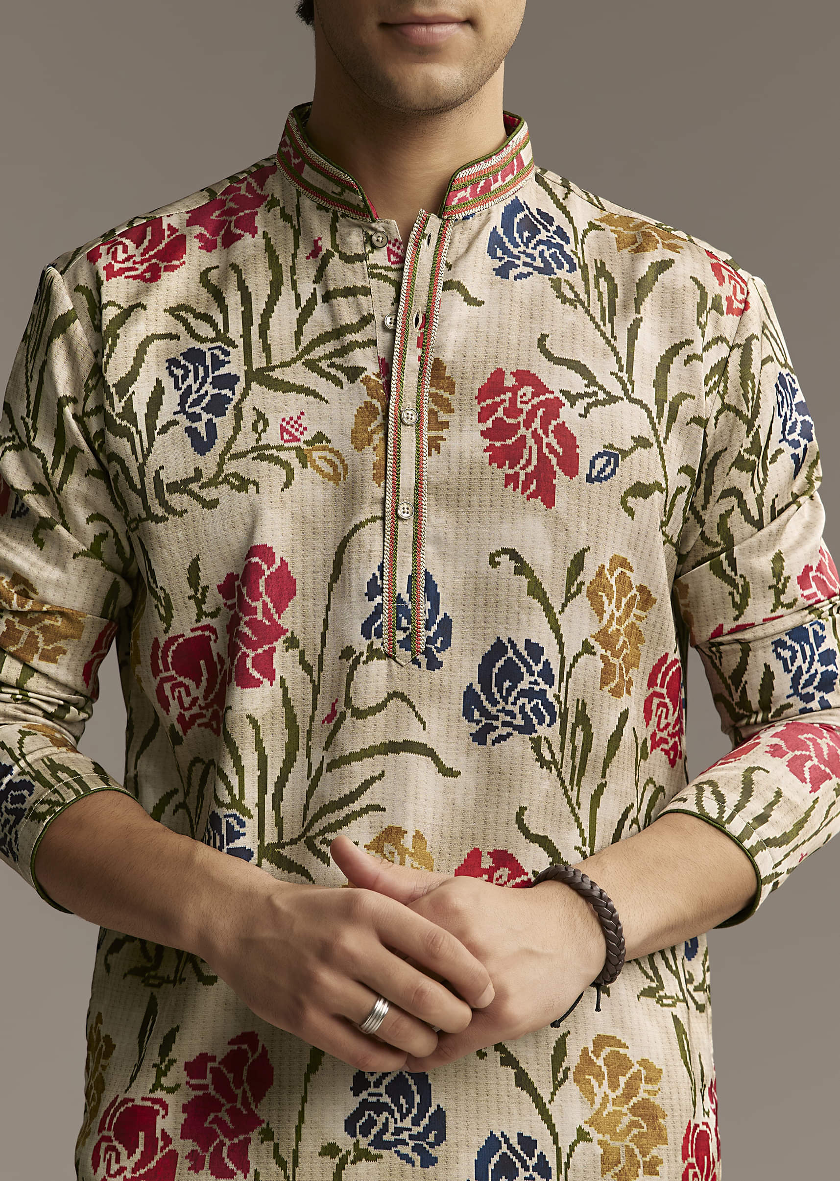 Beige Silk Printed Designer Kurta For Men With Floral Print - Image 3
