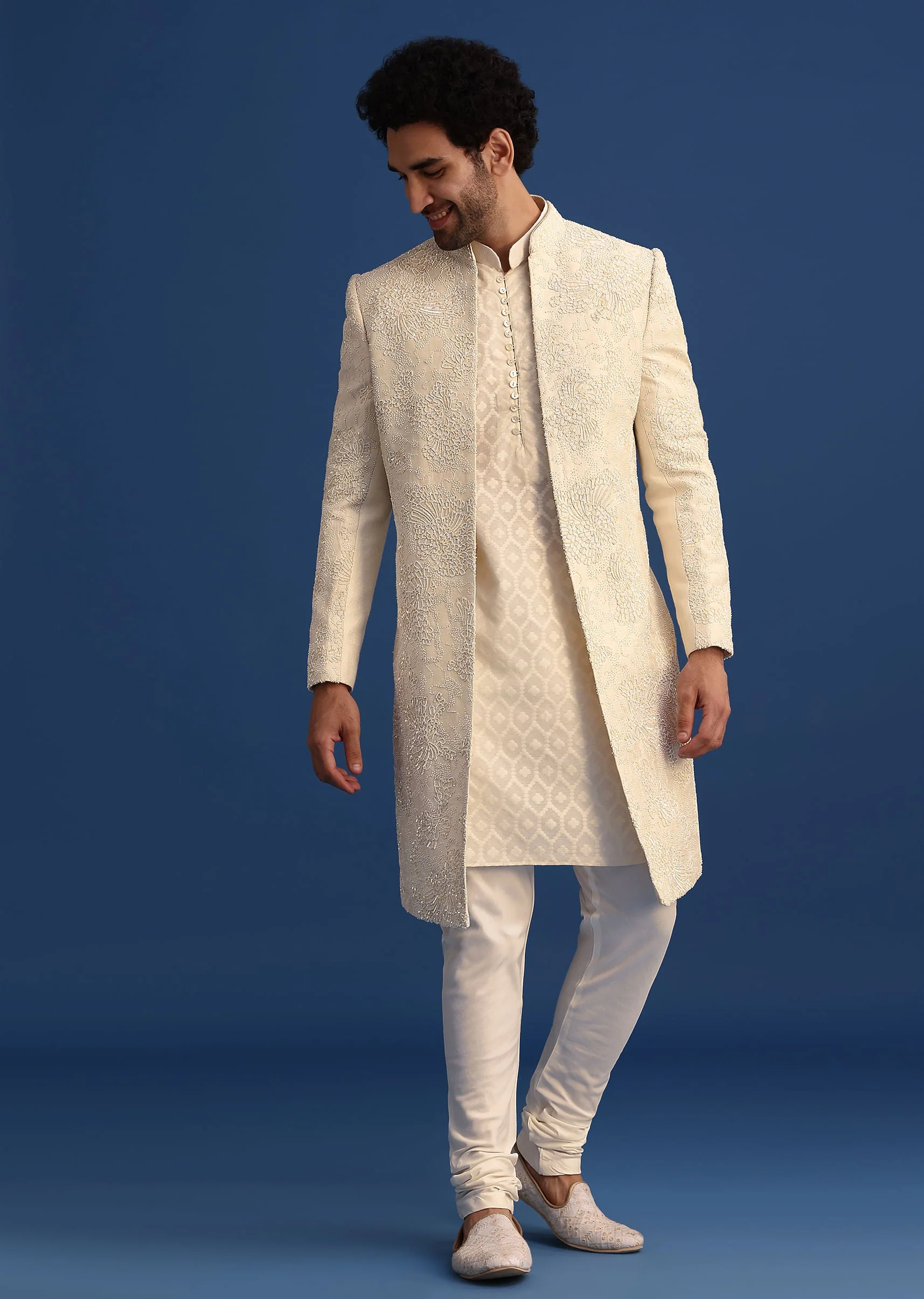 Beige Silk Sherwani And Kurta Set With Zardozi Embroidery - Image 3
