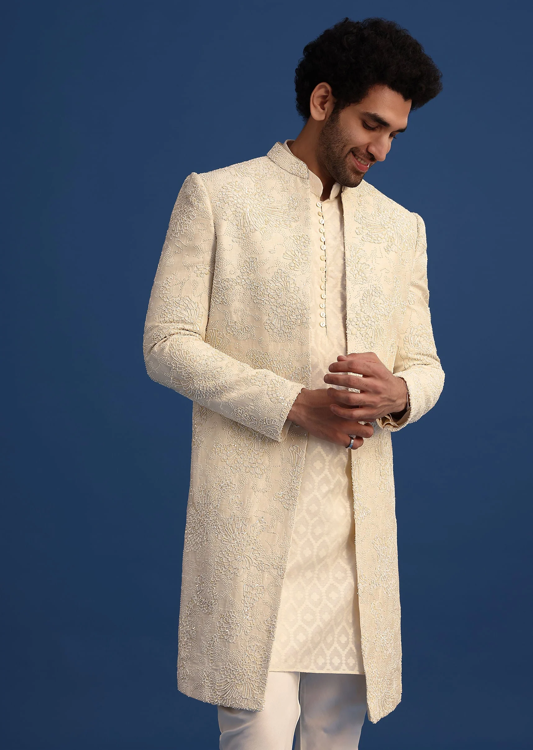 Beige Silk Sherwani And Kurta Set With Zardozi Embroidery - Image 4
