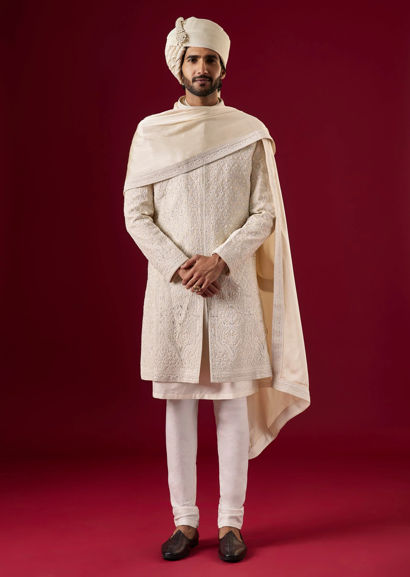 Beige Silk Sherwani Set With Dori Bead Work - Image 3