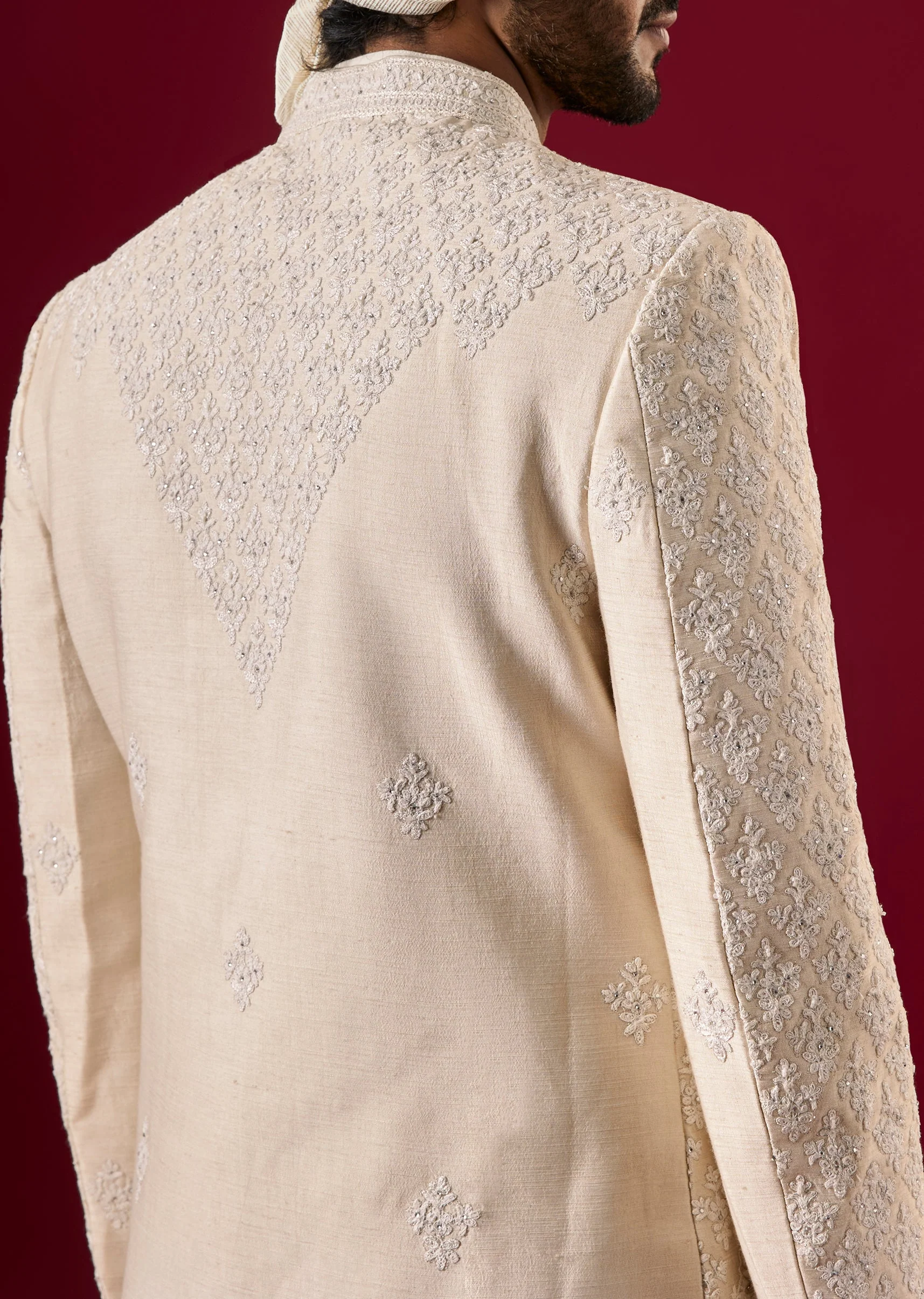 Beige Silk Sherwani Set With Dori Bead Work - Image 4