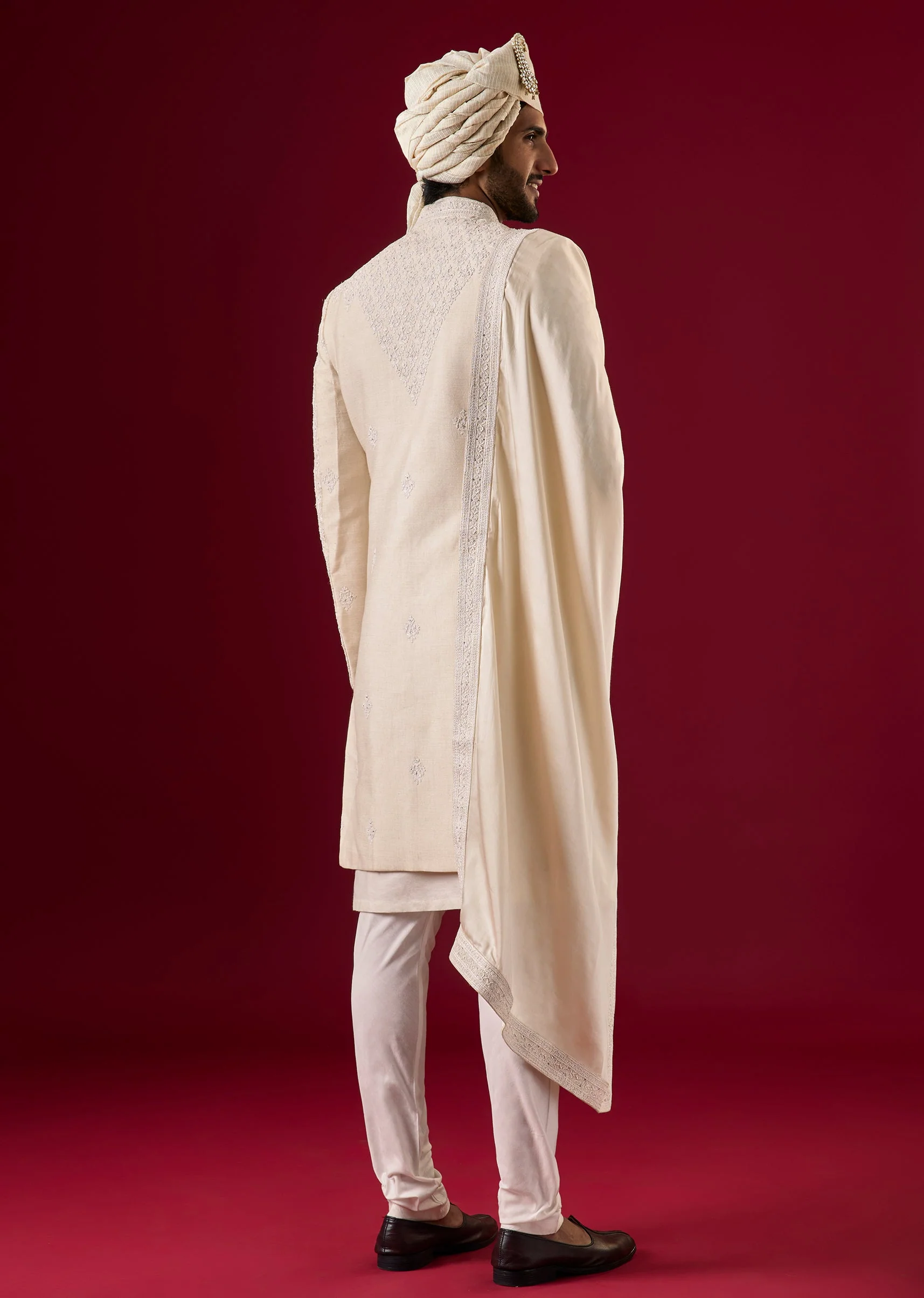 Beige Silk Sherwani Set With Dori Bead Work - Image 6