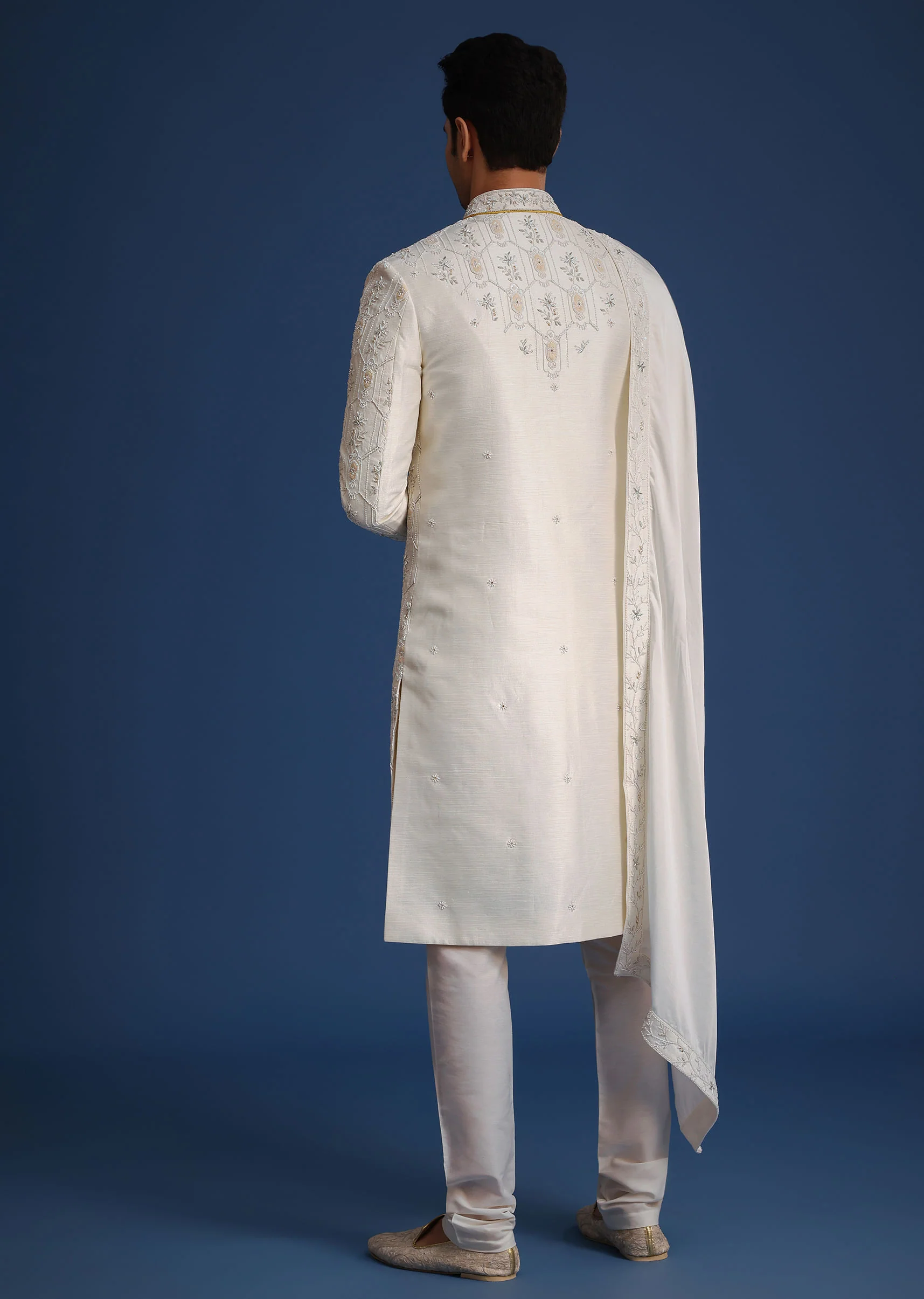 Beige Silk Sherwani Set With Mala And Dupatta - Image 5