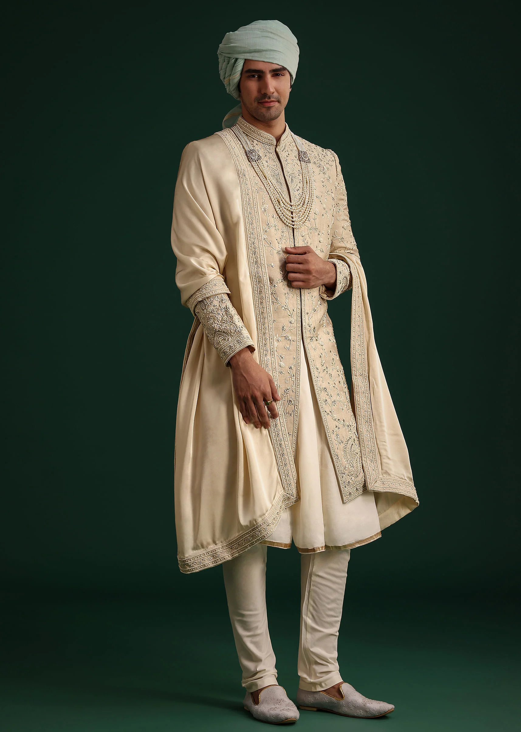 Beige Silk Sherwani Set With Zardozi Work - Image 3