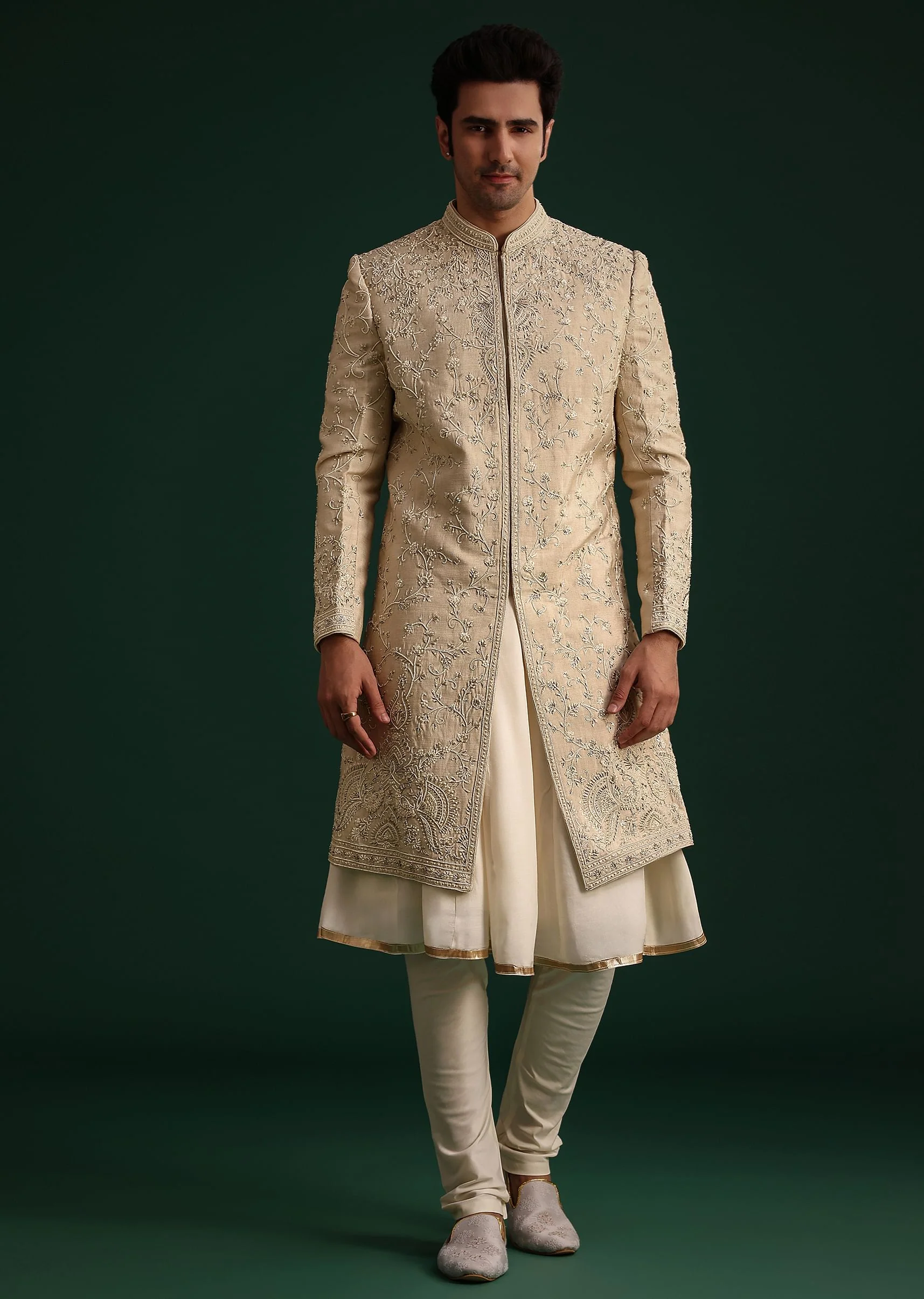 Beige Silk Sherwani Set With Zardozi Work - Image 6