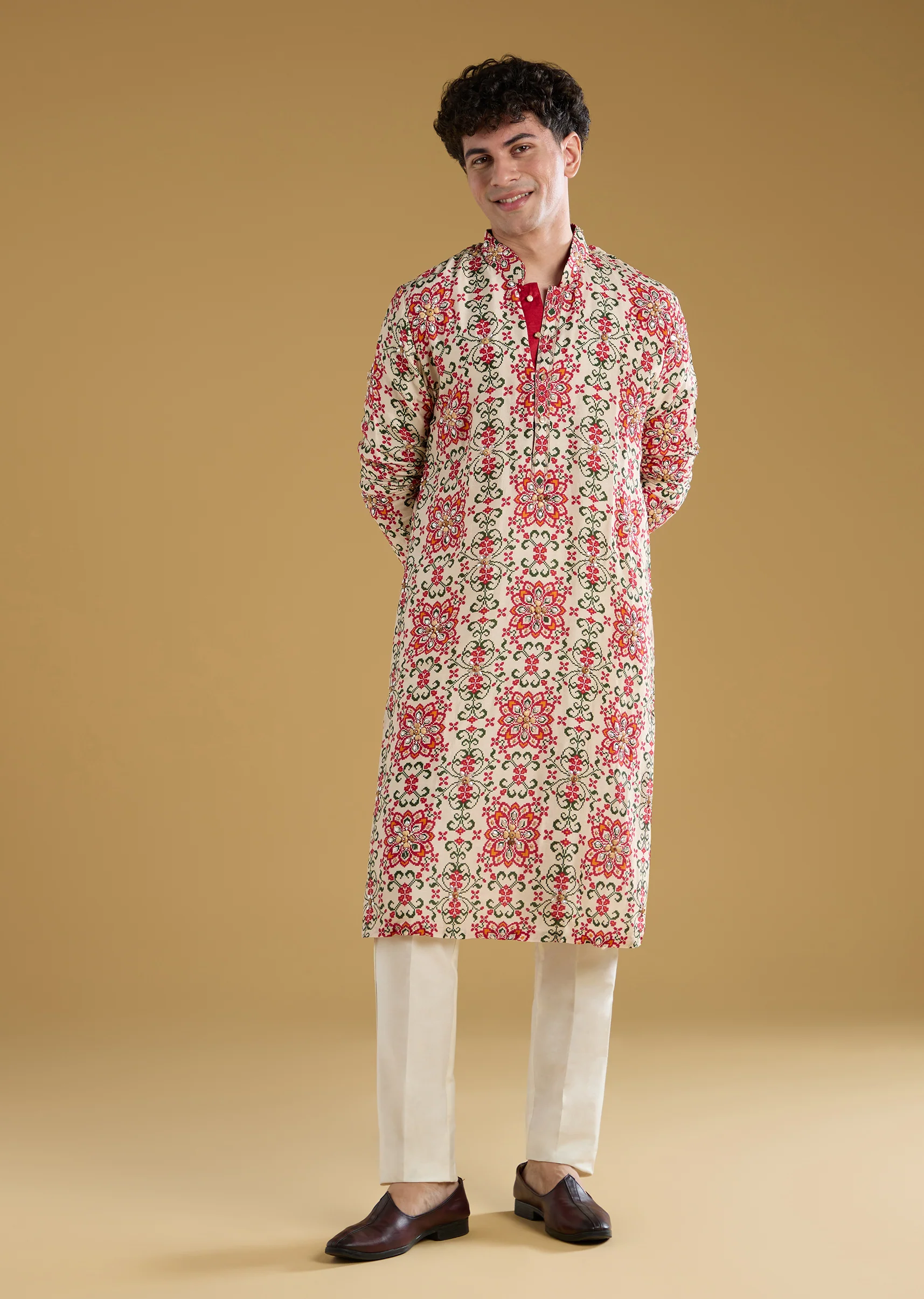 Beige Silk Stone Cutdana Embroidered Kurta Set - Image 3