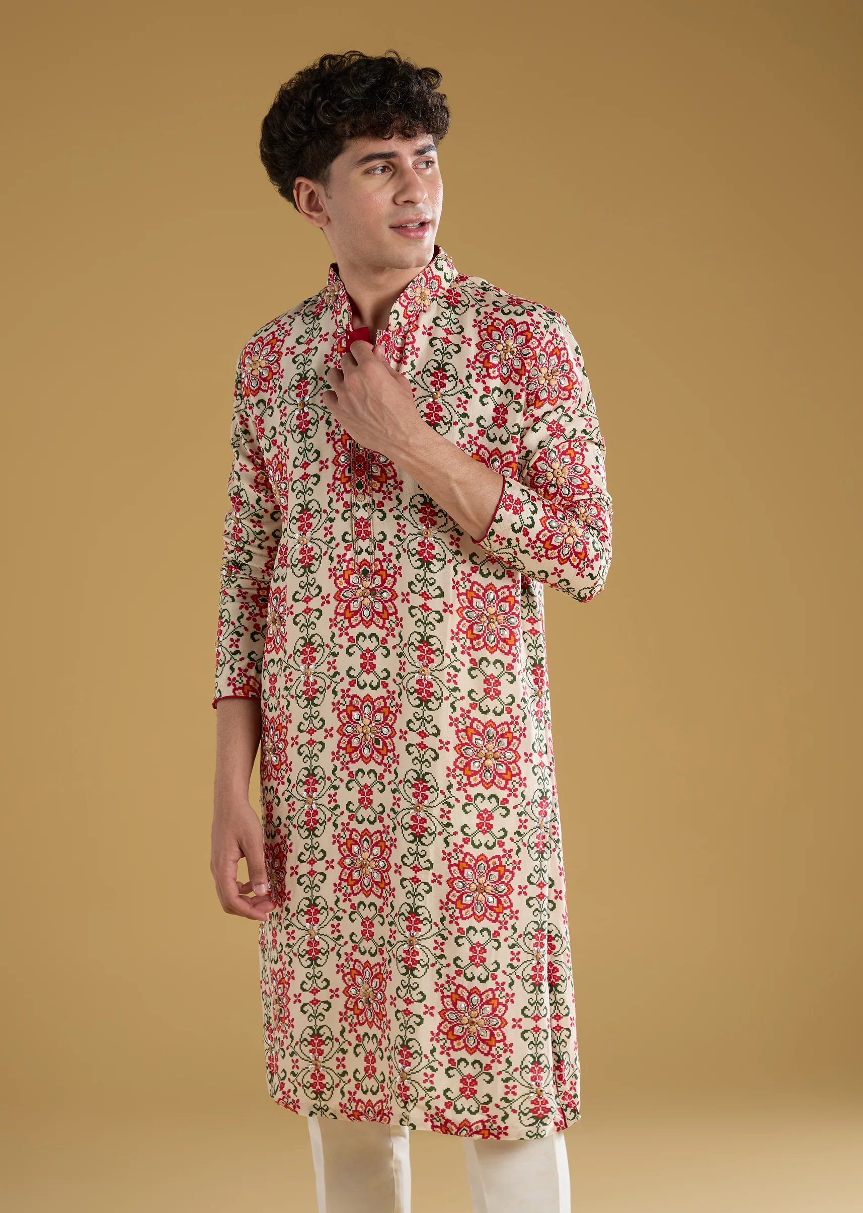 Beige Silk Stone Cutdana Embroidered Kurta Set - Image 4