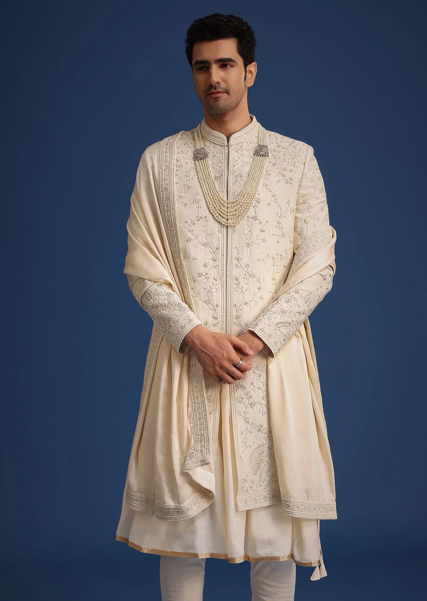 Beige Silk Zardozi Work Sherwani Set With Dupatta - Image 2