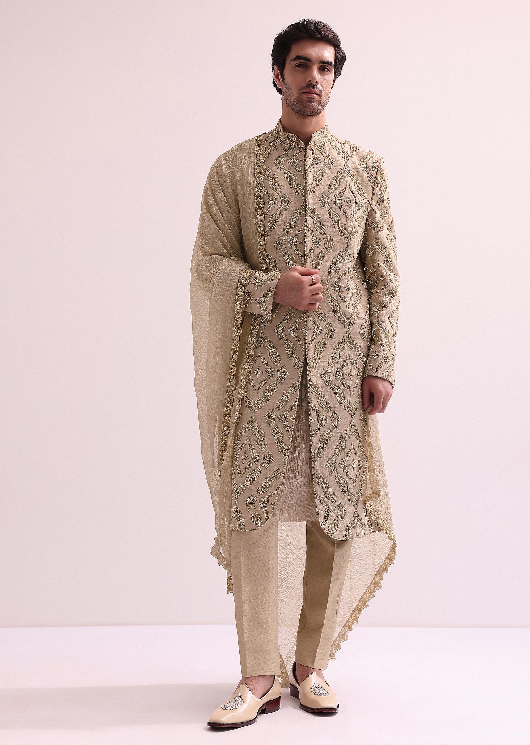 Beige Straight Cut Double Layered Sherwani And Kurta Set In Raw Silk - Image 3
