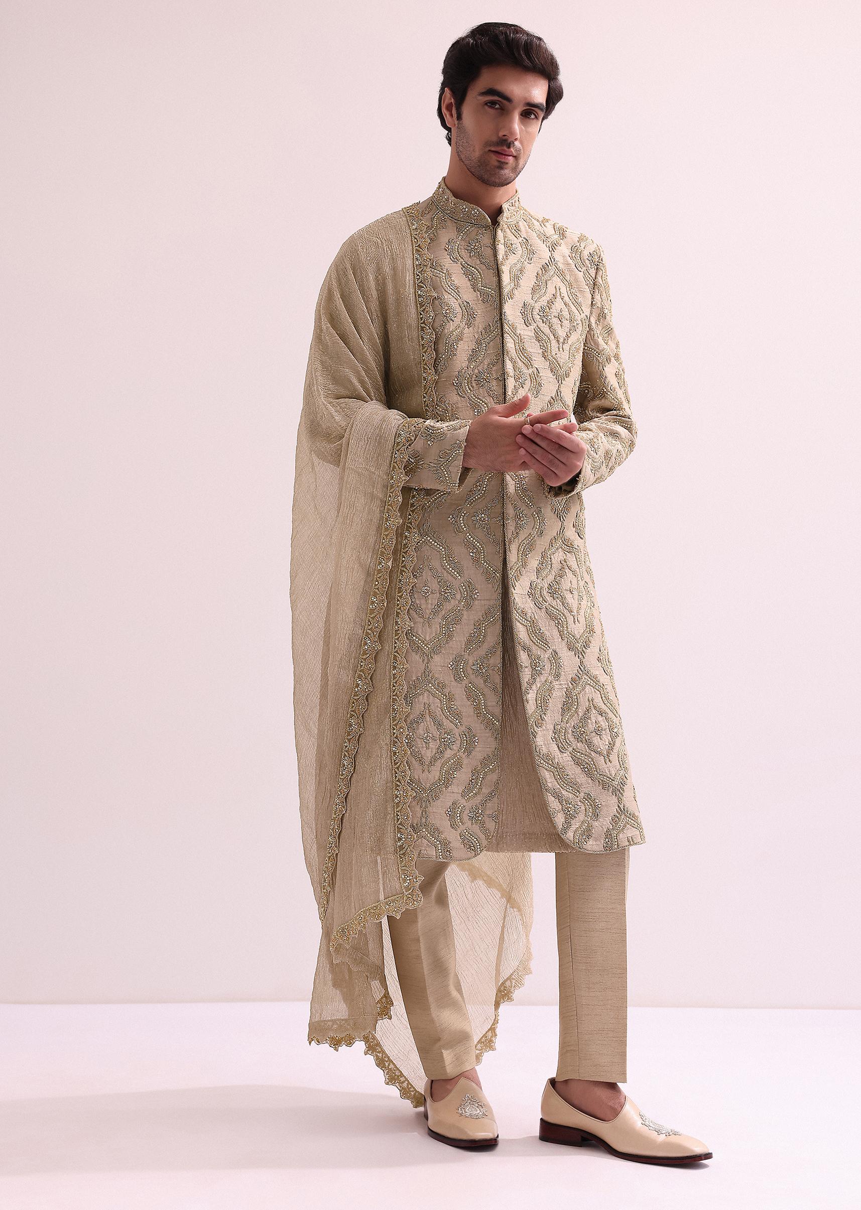 Beige Straight Cut Double Layered Sherwani And Kurta Set In Raw Silk - Image 4