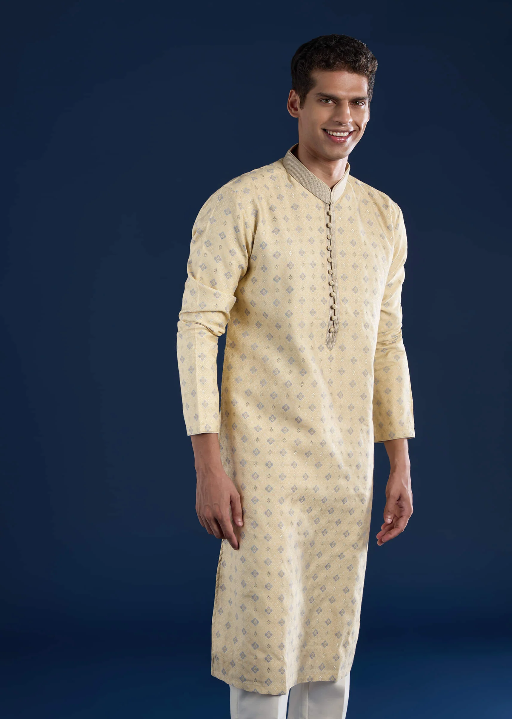 Beige Straight Kurta and Pant Set in Jacquard - Image 4