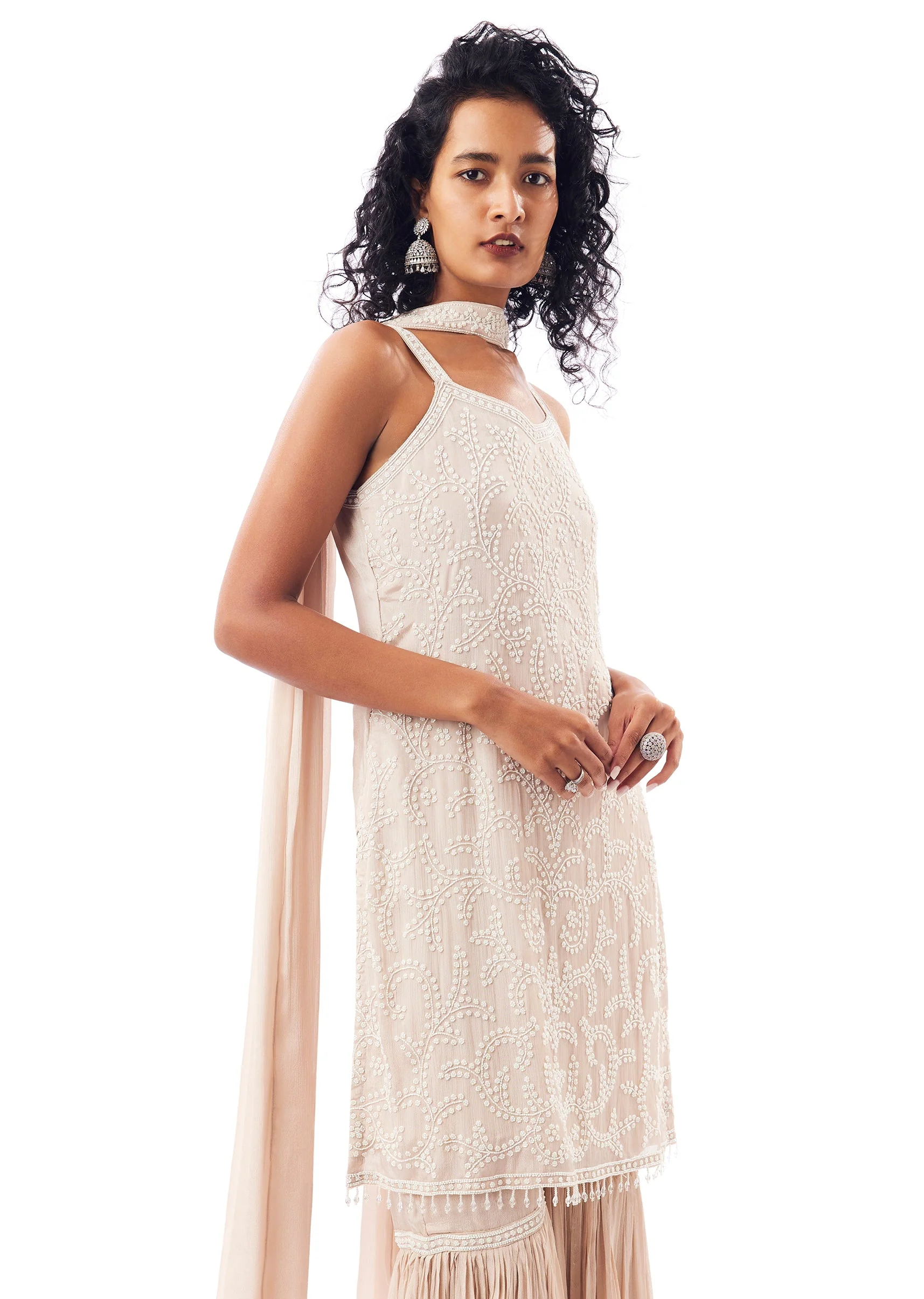 Beige Sweetheart Neck Sharara Set With Cutdana And Moti Shine. - Image 4