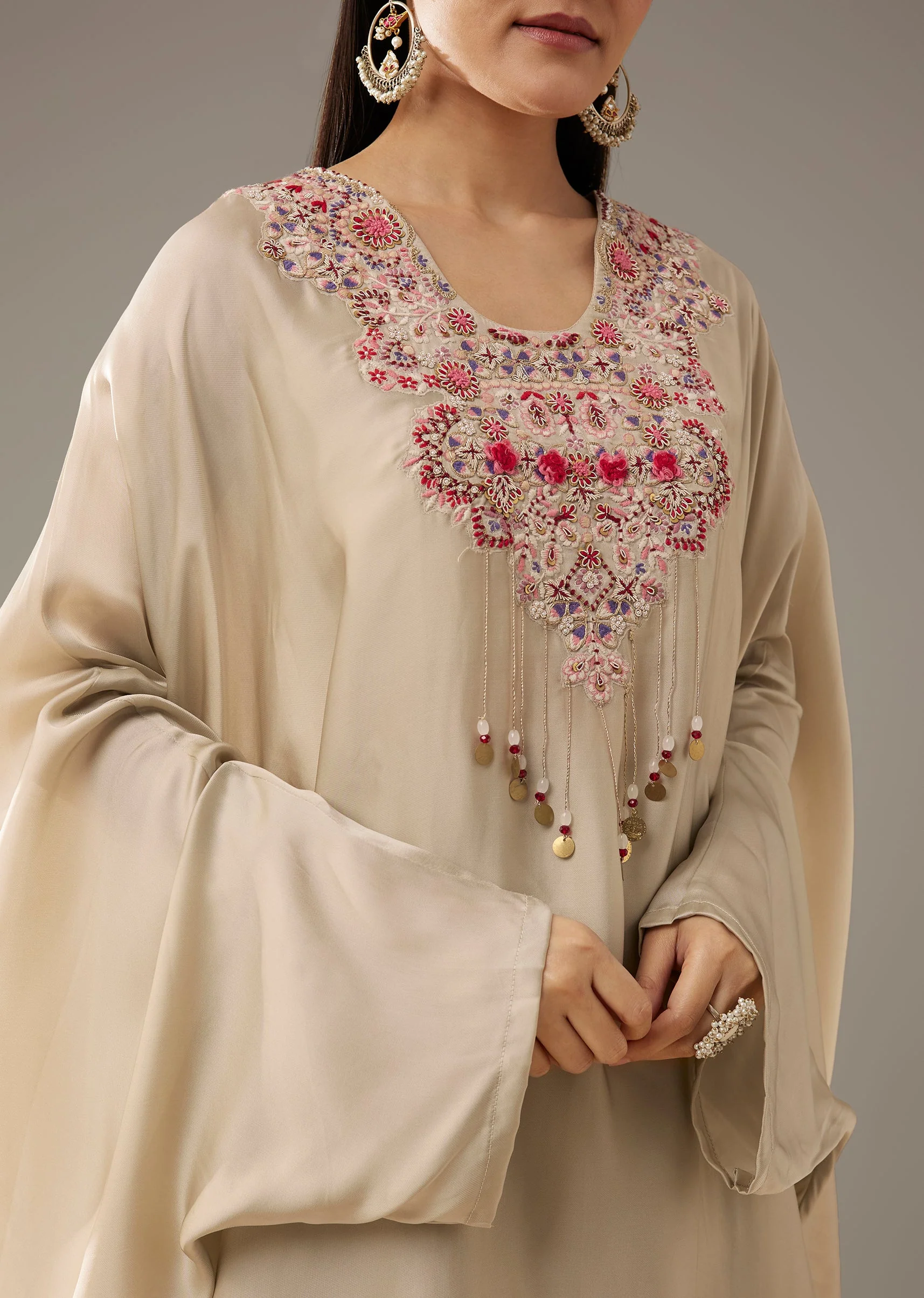 Beige Thread Embroidered Top and Dhoti Skirt Set - Image 2