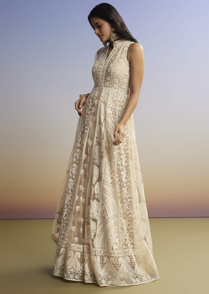 Beige Threadwork Anarkali With Dupatta - Image 4