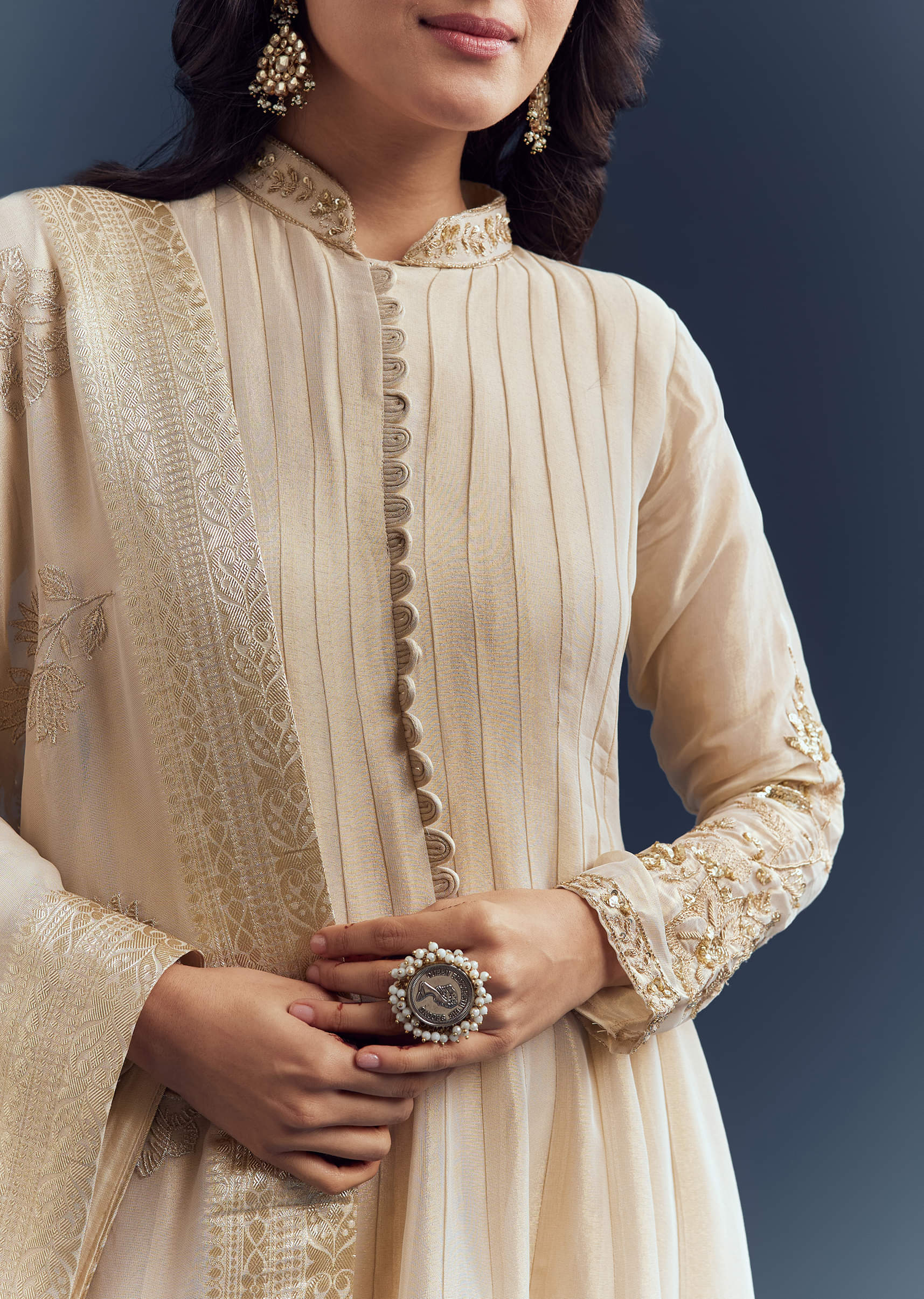 Beige Tissue Anarkali Suit With Delicate Zari Embroidery - Image 2