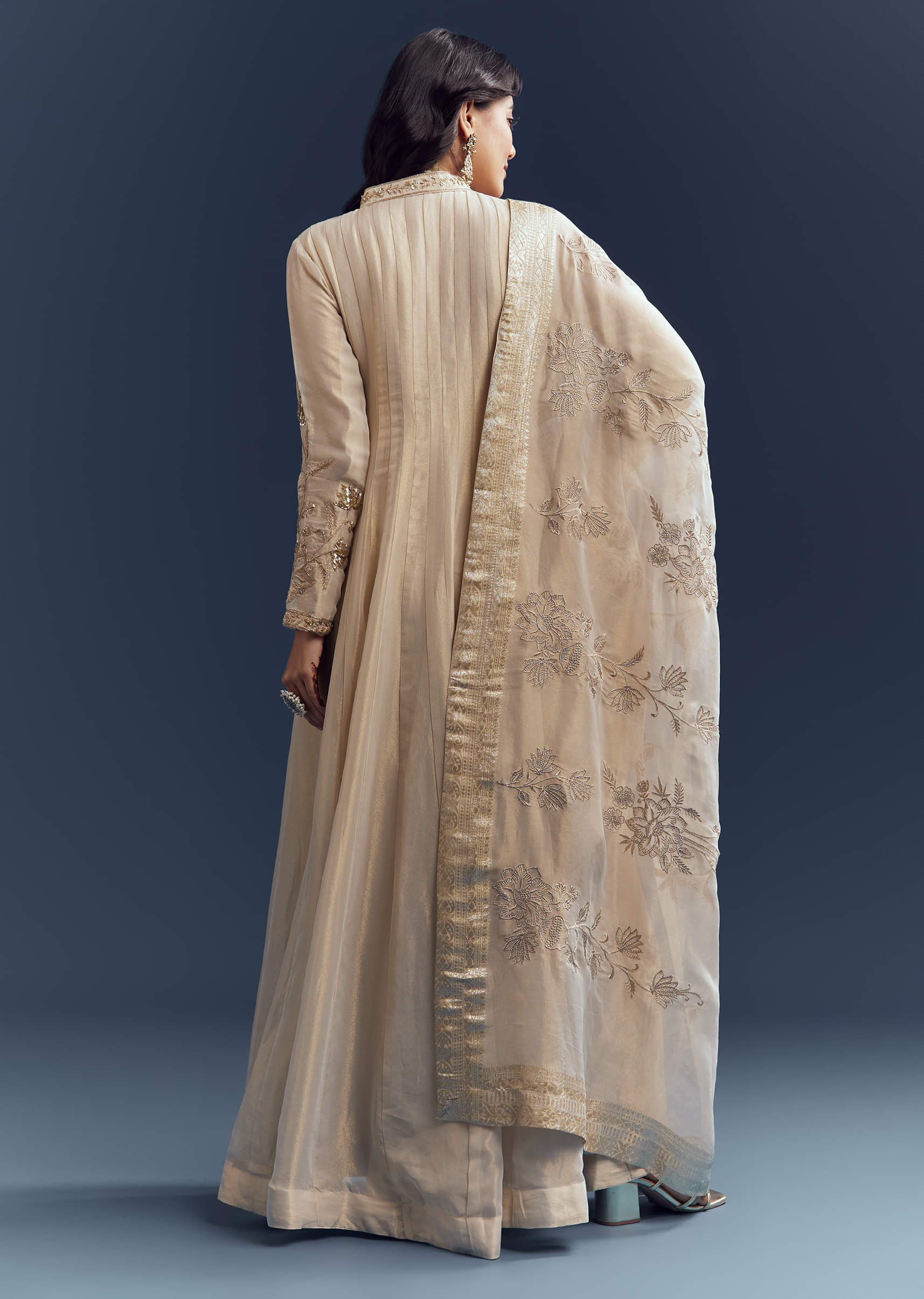 Beige Tissue Anarkali Suit With Delicate Zari Embroidery - Image 3