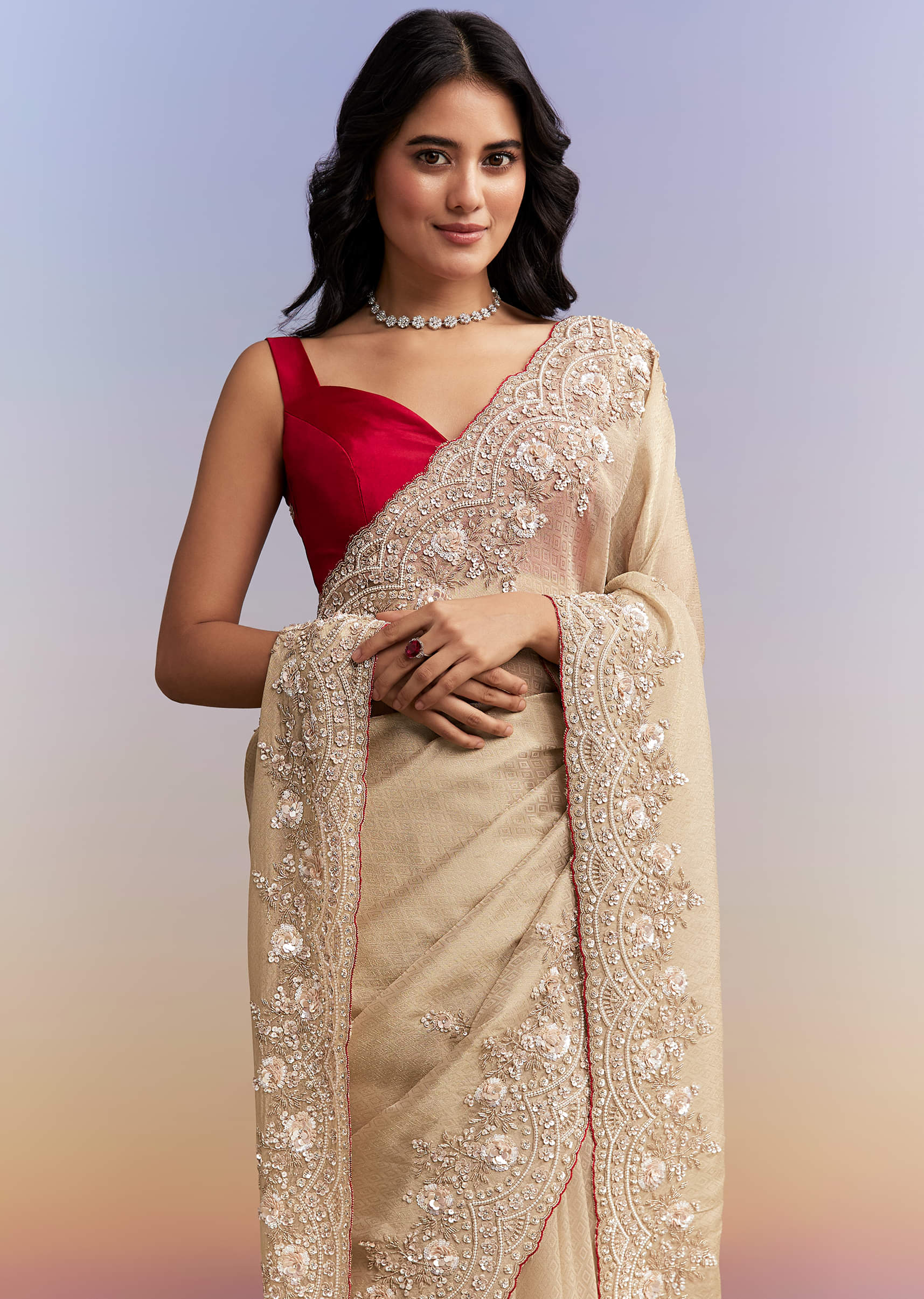 Beige Tissue Jacquard Saree With Heavy Hand Work - Image 5