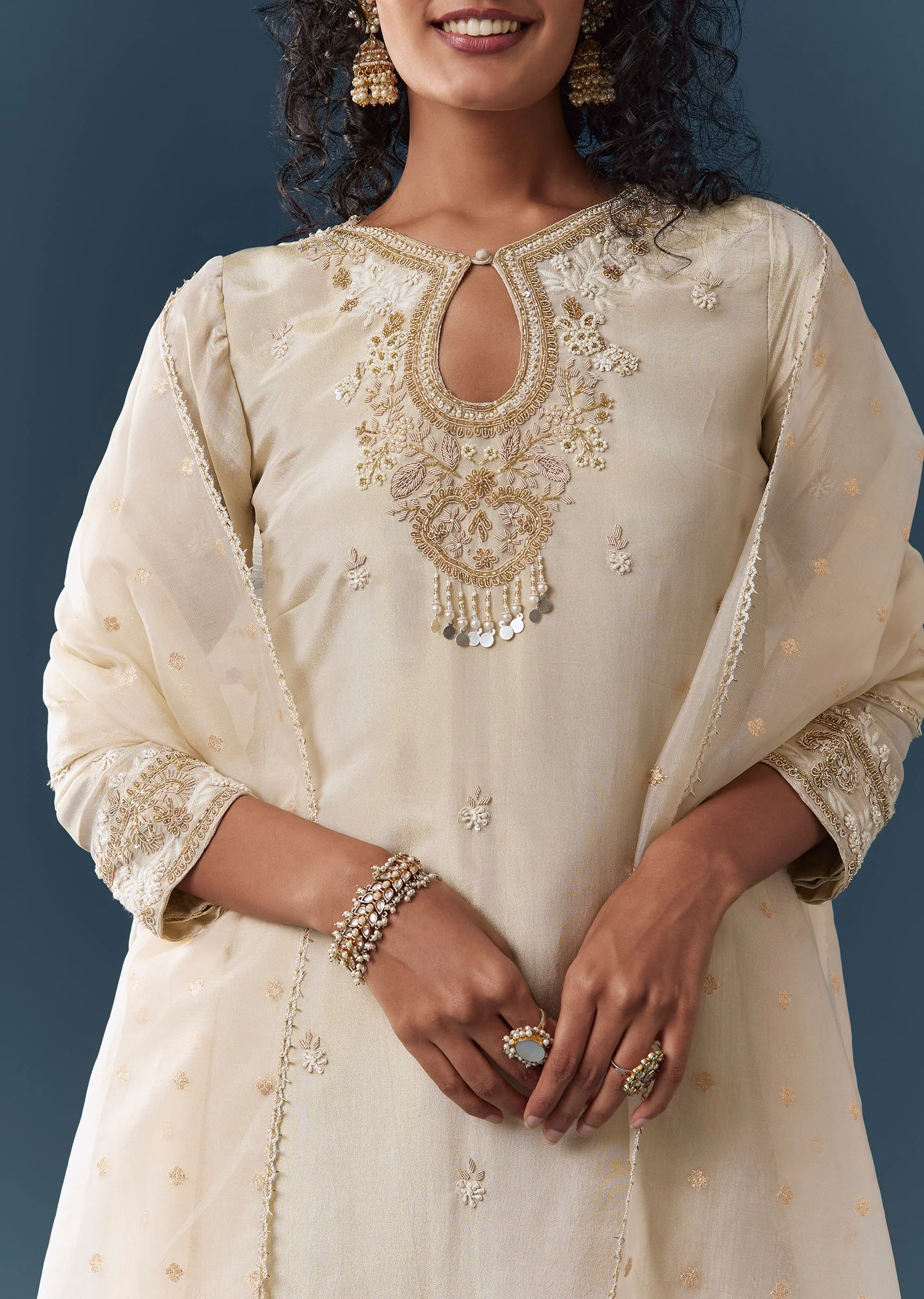 Beige Tissue Kurta Pant Set With Dupatta - Image 2