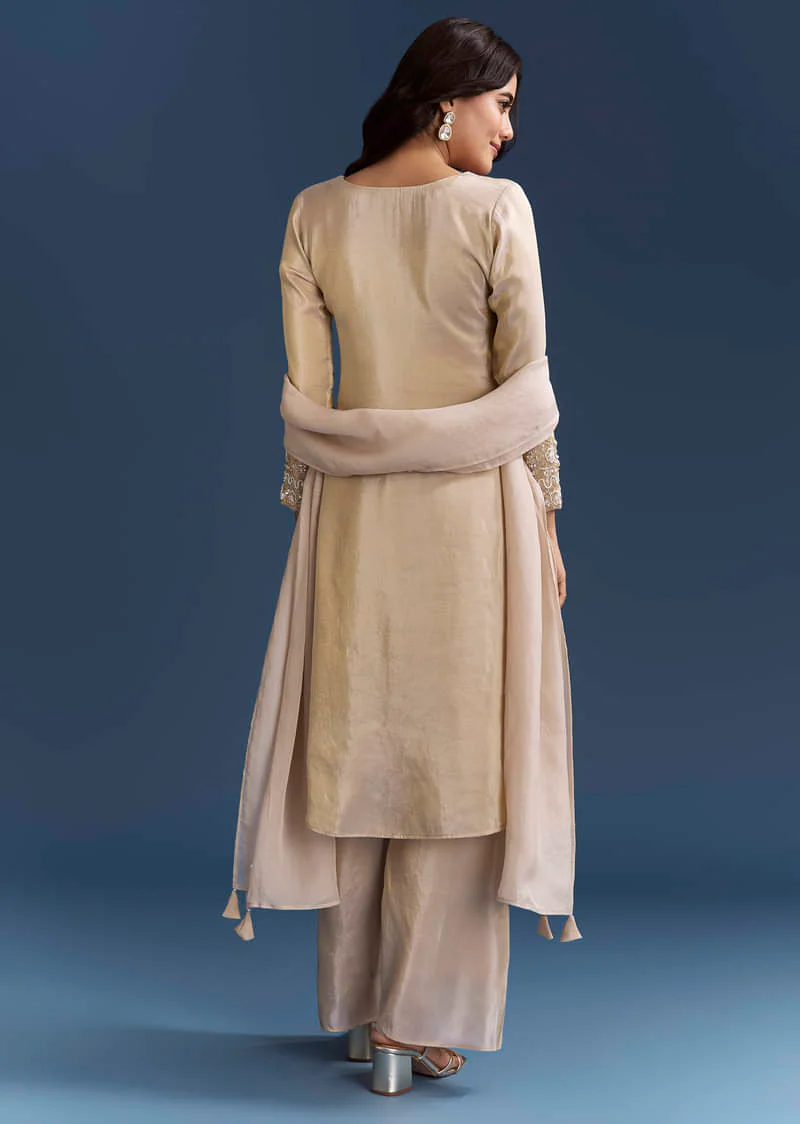 Beige Tissue Kurta Set With Organza Dupatta - Image 6