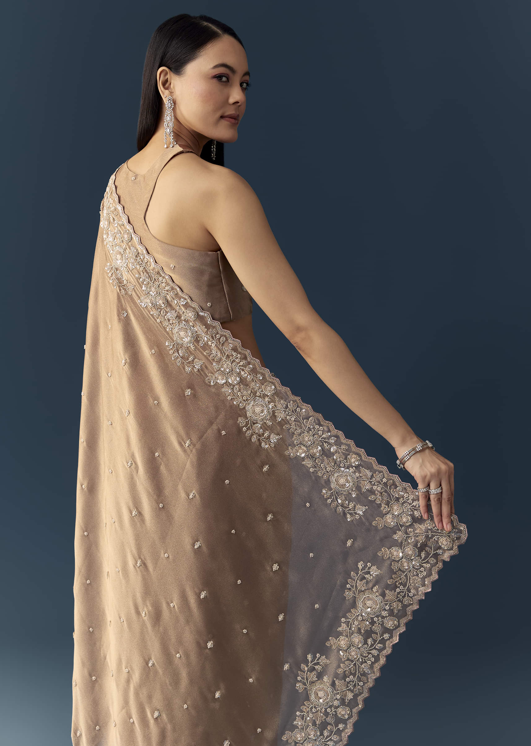 Beige Tissue Organza Cutdana Work Saree with Unstitched Blouse - Image 6
