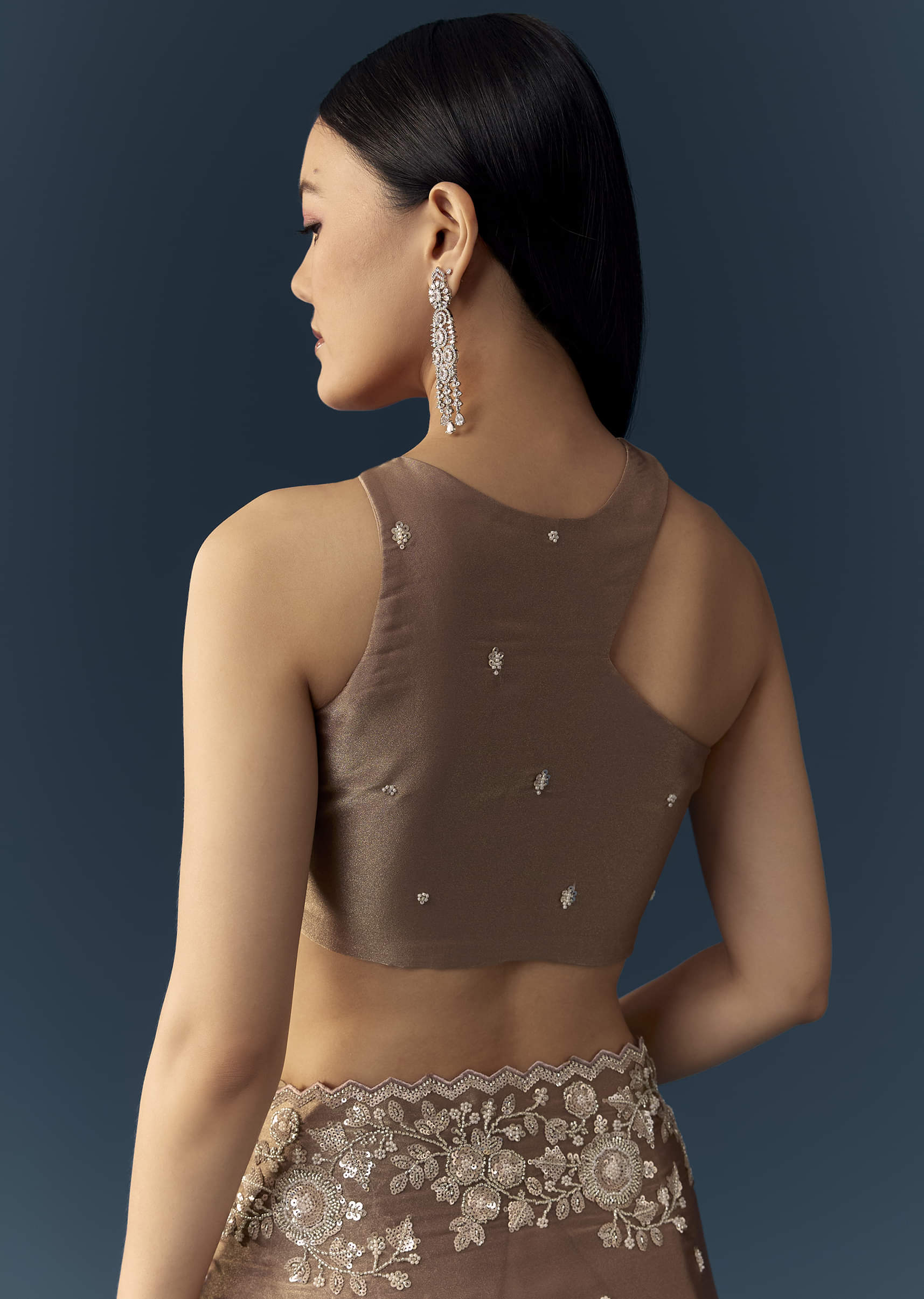 Beige Tissue Organza Cutdana Work Saree with Unstitched Blouse - Image 8