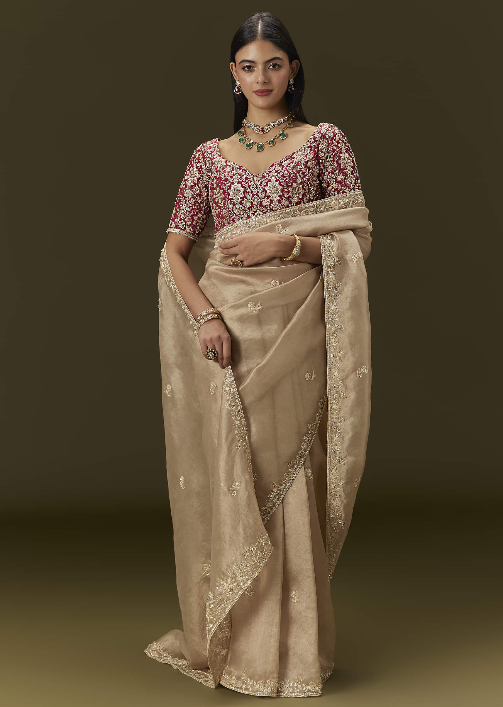 Beige Tissue Saree With Embroidered Brocade Blouse - Image 5