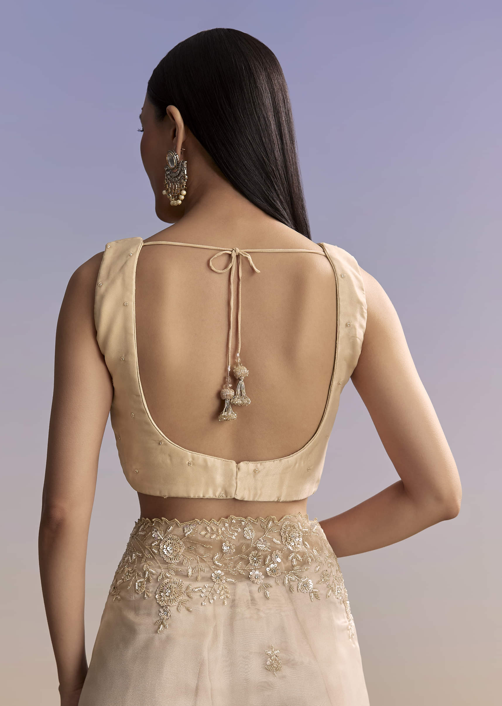 Beige Tissue Saree With Floral Embroidery And Beadwork - Image 7