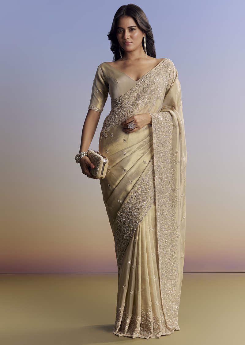 Beige Tissue Saree With Hand Embroidery With Cutdana And Sequins - Image 3