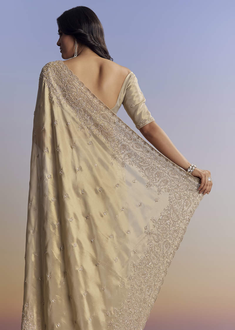 Beige Tissue Saree With Hand Embroidery With Cutdana And Sequins - Image 4