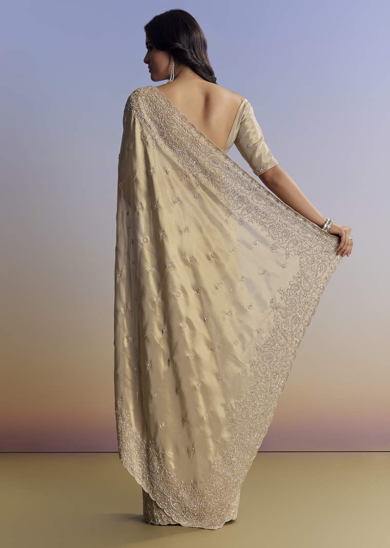 Beige Tissue Saree With Hand Embroidery With Cutdana And Sequins - Image 6