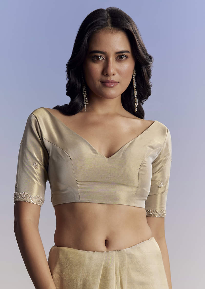 Beige Tissue Saree With Hand Embroidery With Cutdana And Sequins - Image 7