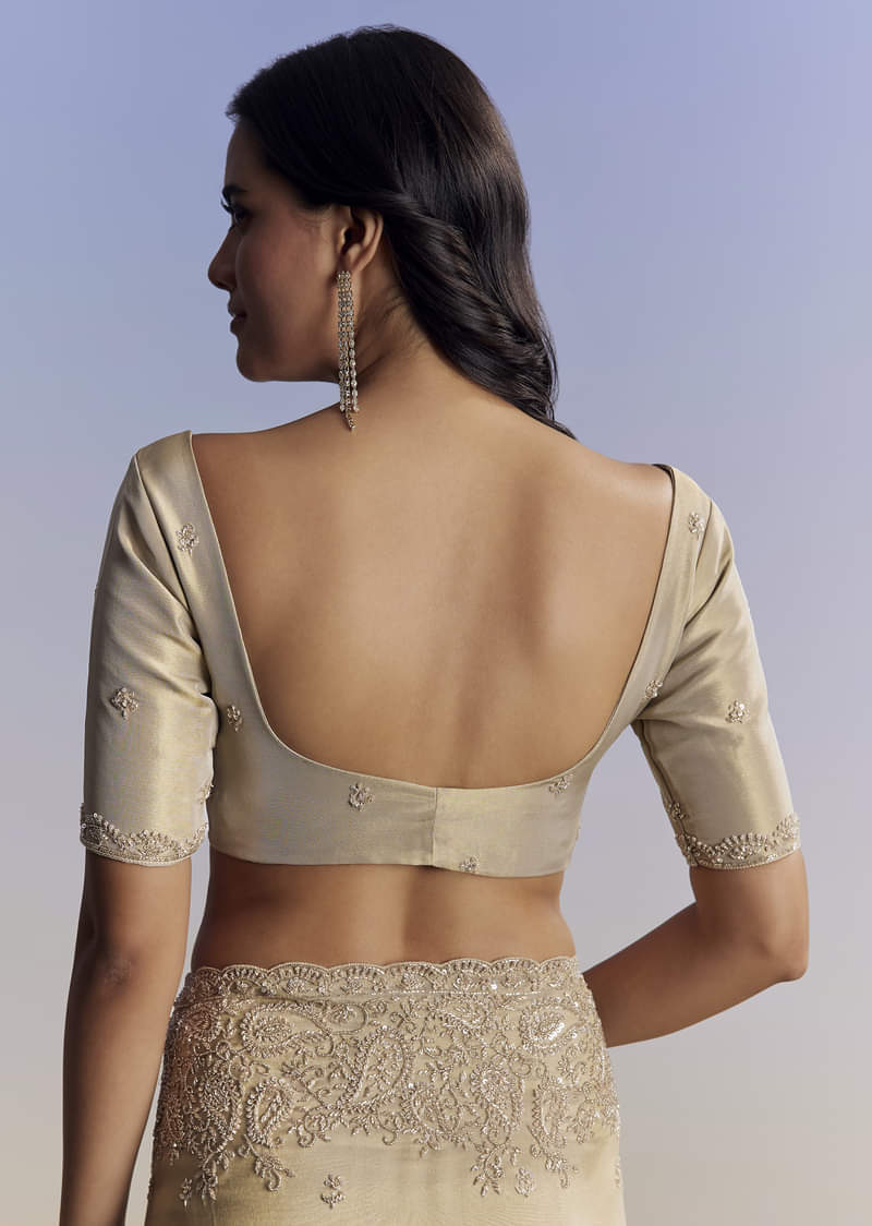 Beige Tissue Saree With Hand Embroidery With Cutdana And Sequins - Image 8
