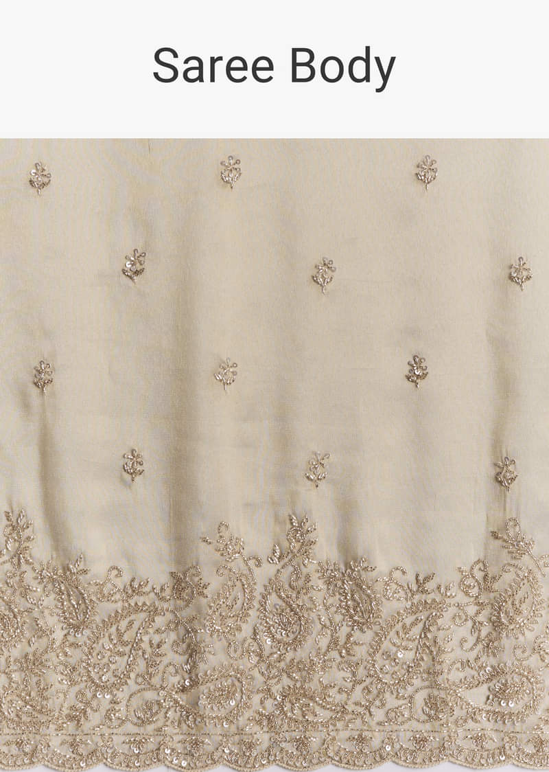 Beige Tissue Saree With Hand Embroidery With Cutdana And Sequins - Image 9