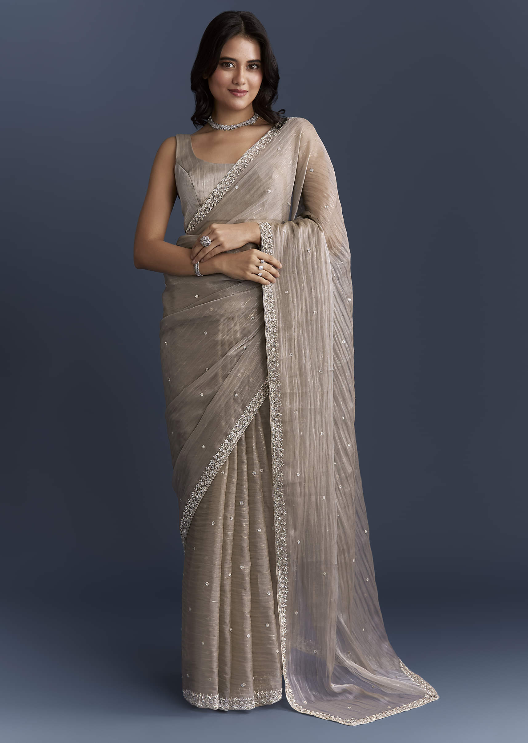 Beige Tissue Saree With Heavy Hand Embroidery - Image 3