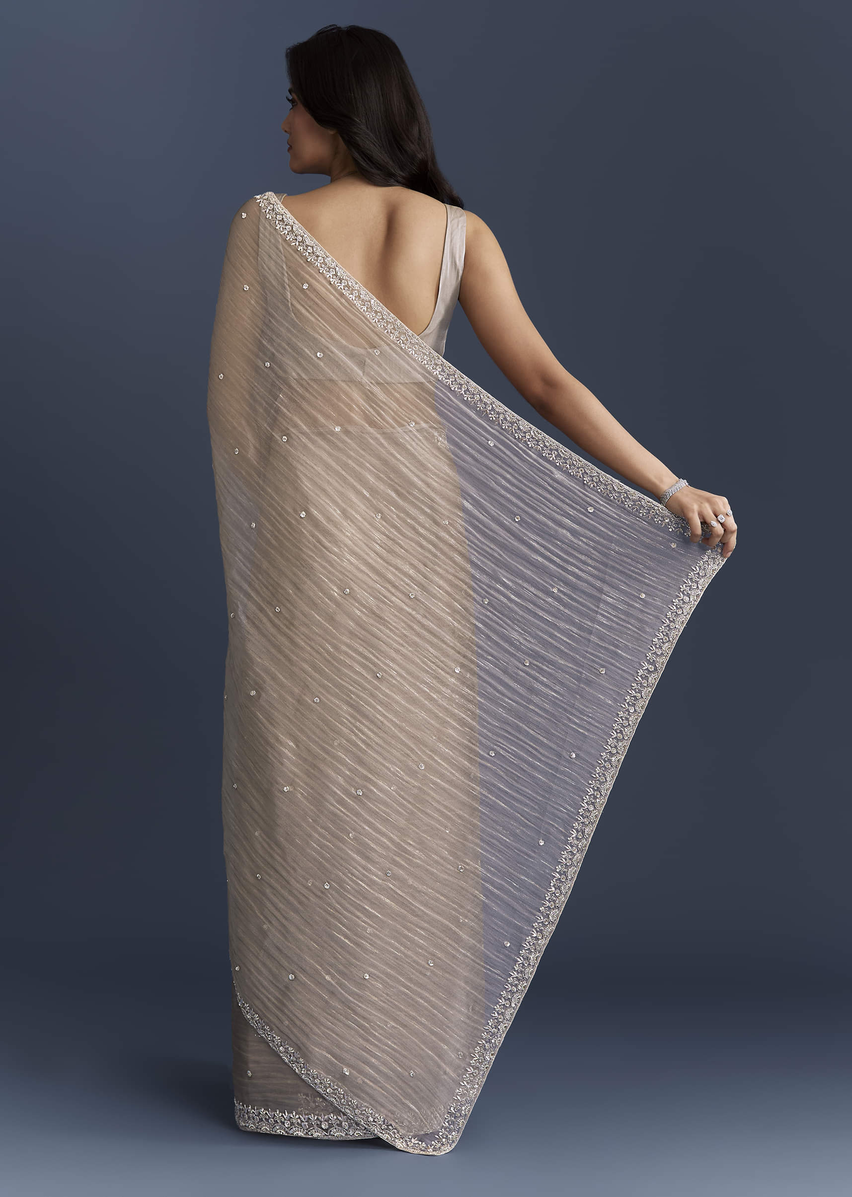 Beige Tissue Saree With Heavy Hand Embroidery - Image 4
