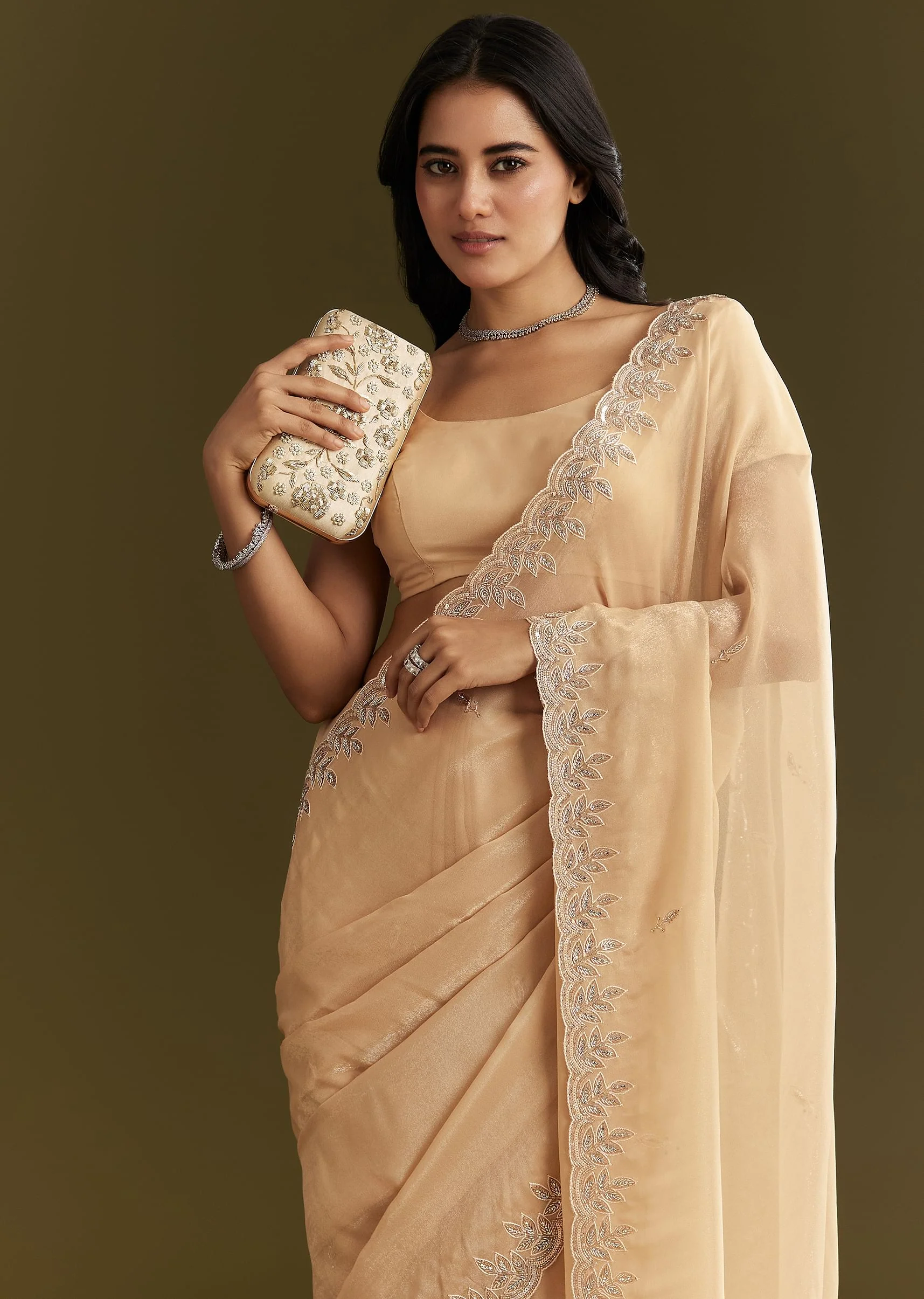 Beige Tissue Saree With Leaf Motif Embroidery In Sequins And Cutdana - Image 5