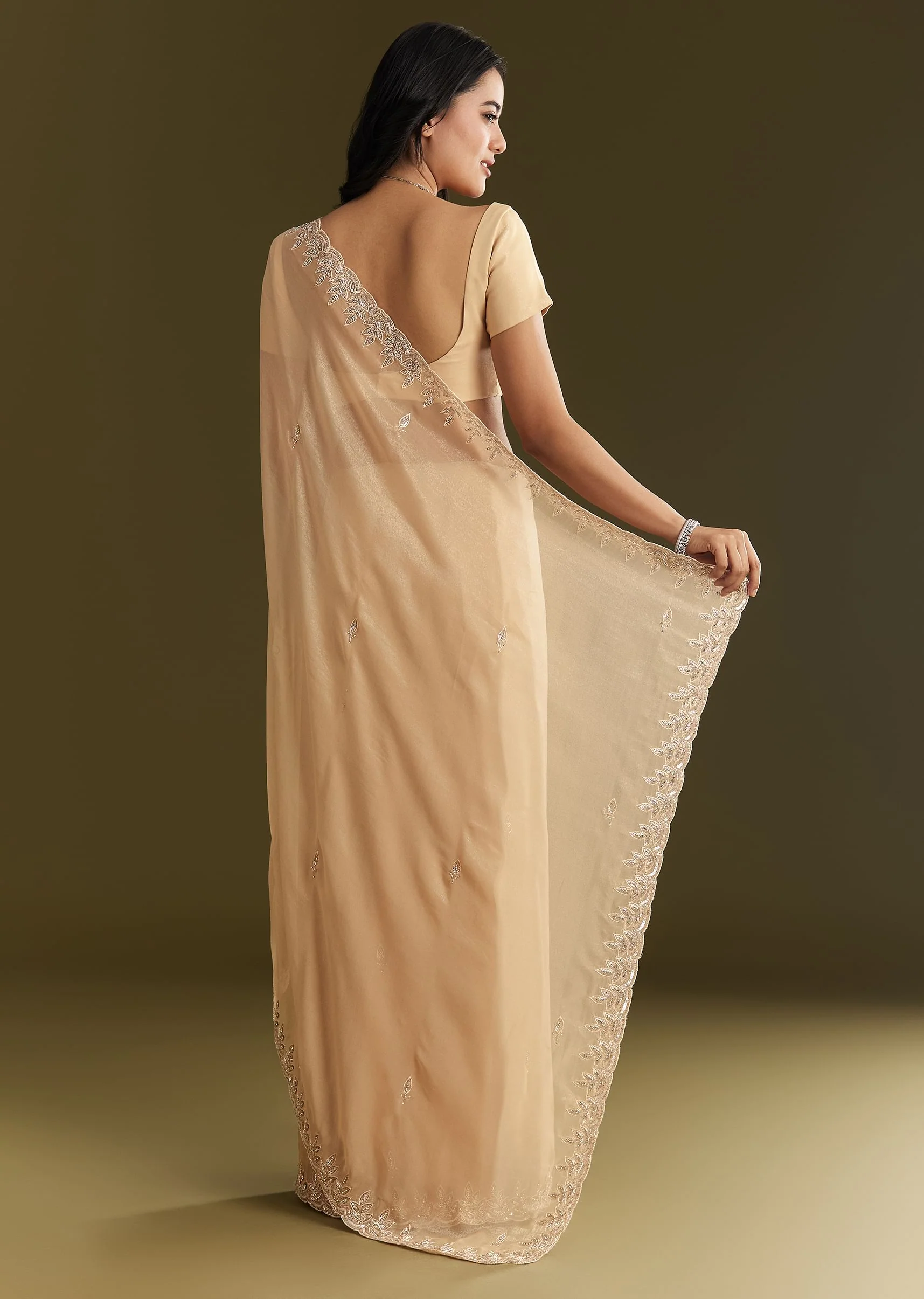 Beige Tissue Saree With Leaf Motif Embroidery In Sequins And Cutdana - Image 6